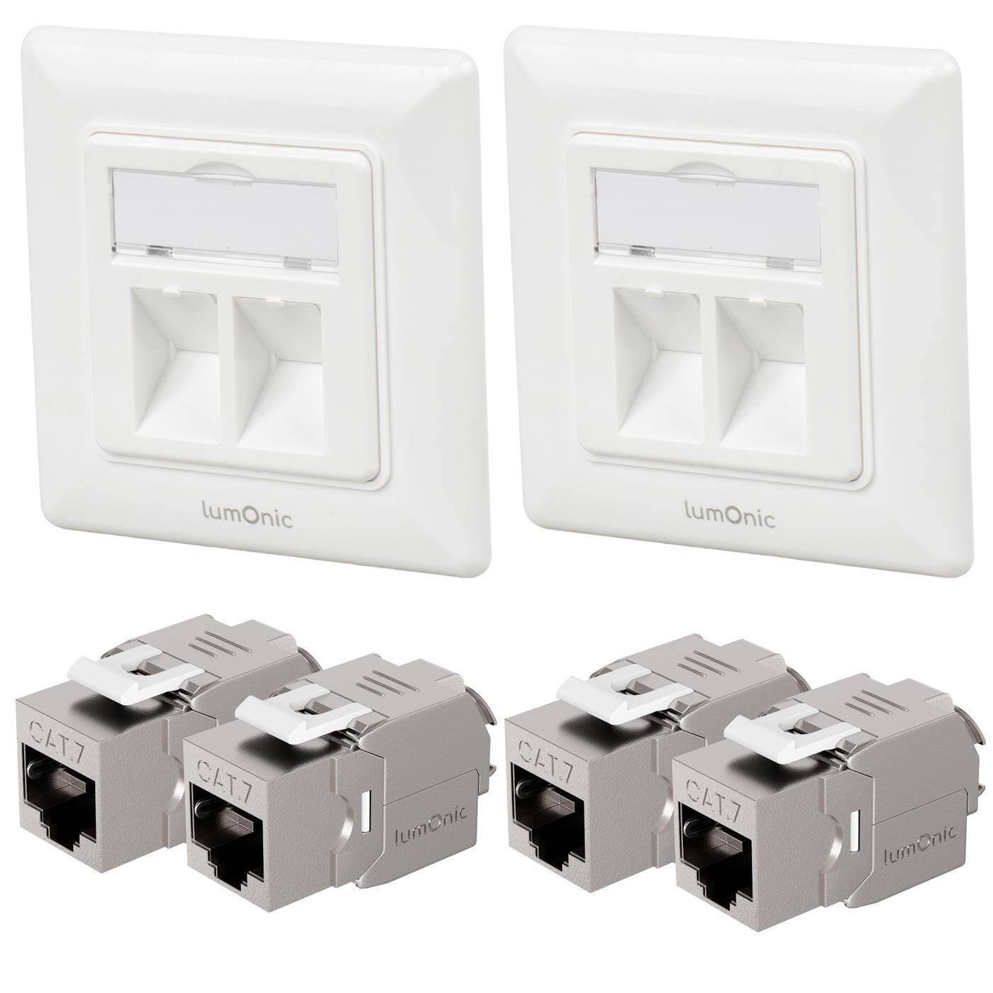 Lumonic 2er Set Keystone-Rahmen Unterputz inkl. 2x CAT7 Modul | 2-Port Snap-In I werkzeuglose Keystone Montage | Ethernet bis zu 10 Gbit/s AWG22-24 | RJ45 vollgeschirmt |