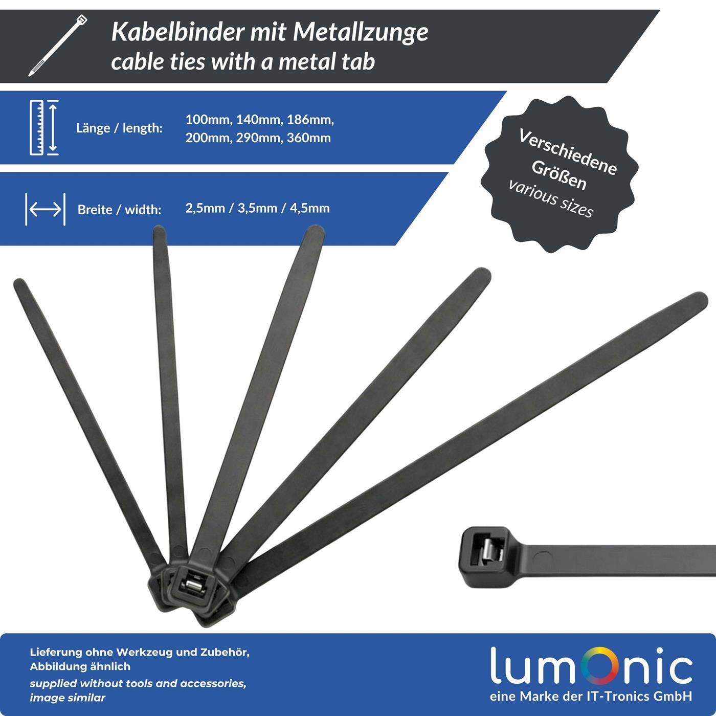 Lumonic 100 Stück Kabelbinder mit Metallzunge  | 100 × 2,5mm | bis 18kg Zugfestigkeit | Nylon PA6.6, UV-Beständig & Wetterfest | Industriequalität | Kabelmanagement, Werkstatt, Haushalt