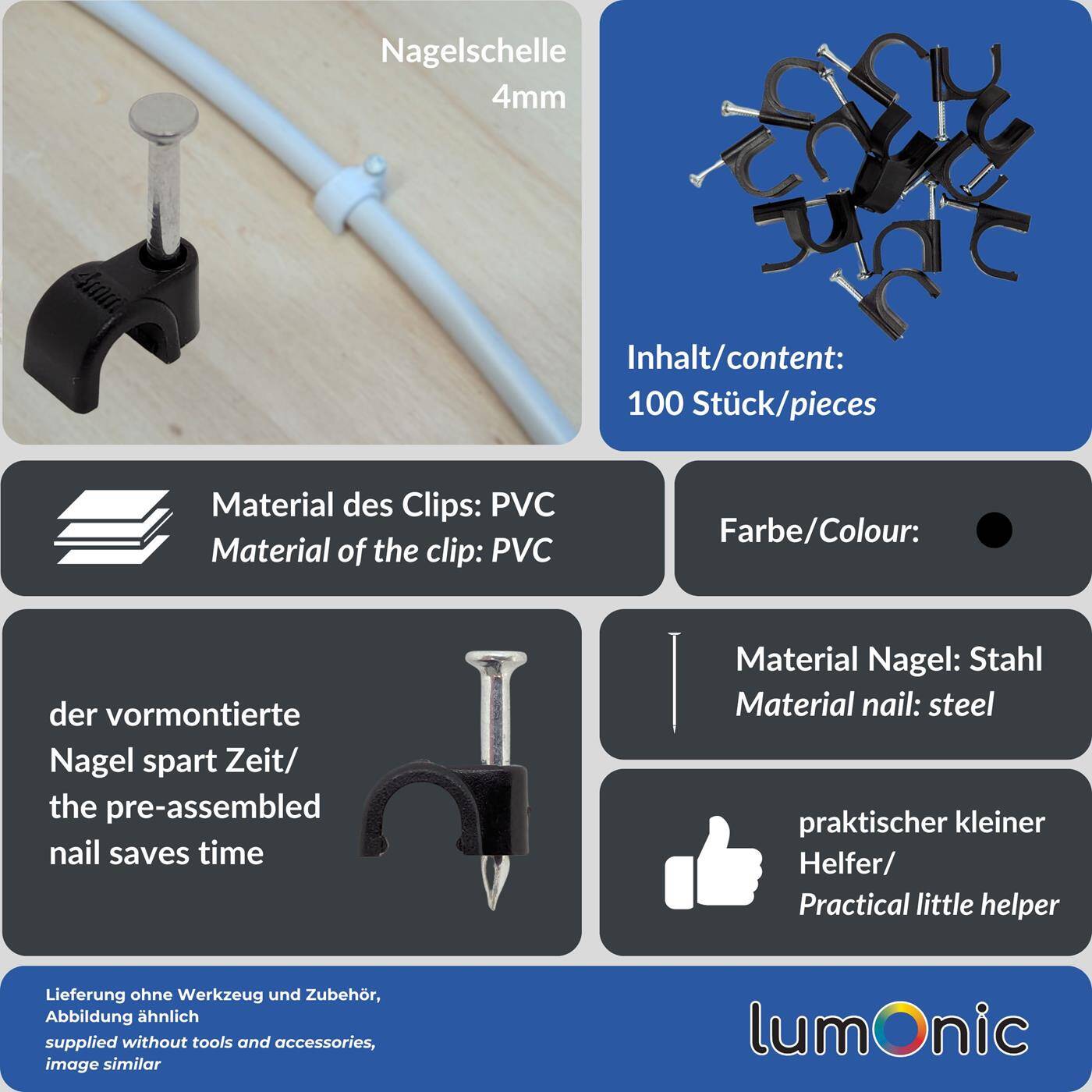 Lumonic 100x Nagelschelle 4mm für Kabel schwarz - Kabelschelle mit 14mm Nagel z.B. zur Befestigung an der Wand - Kabelklemmen verschiedene Größen 4-14mm