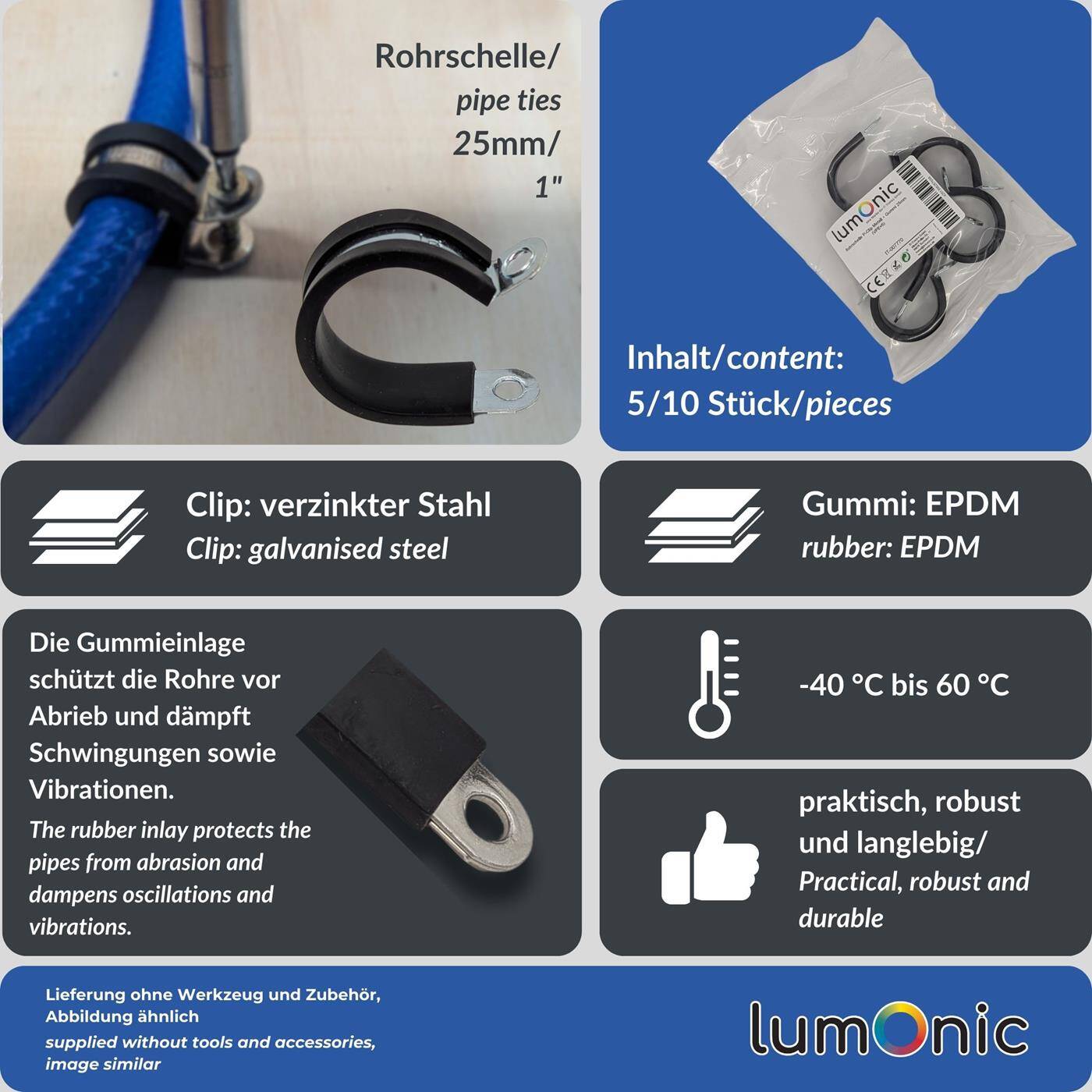 10x P-Clip Leitungsschelle mit Gummi 25mm Rohrschelle Befestigungsschelle