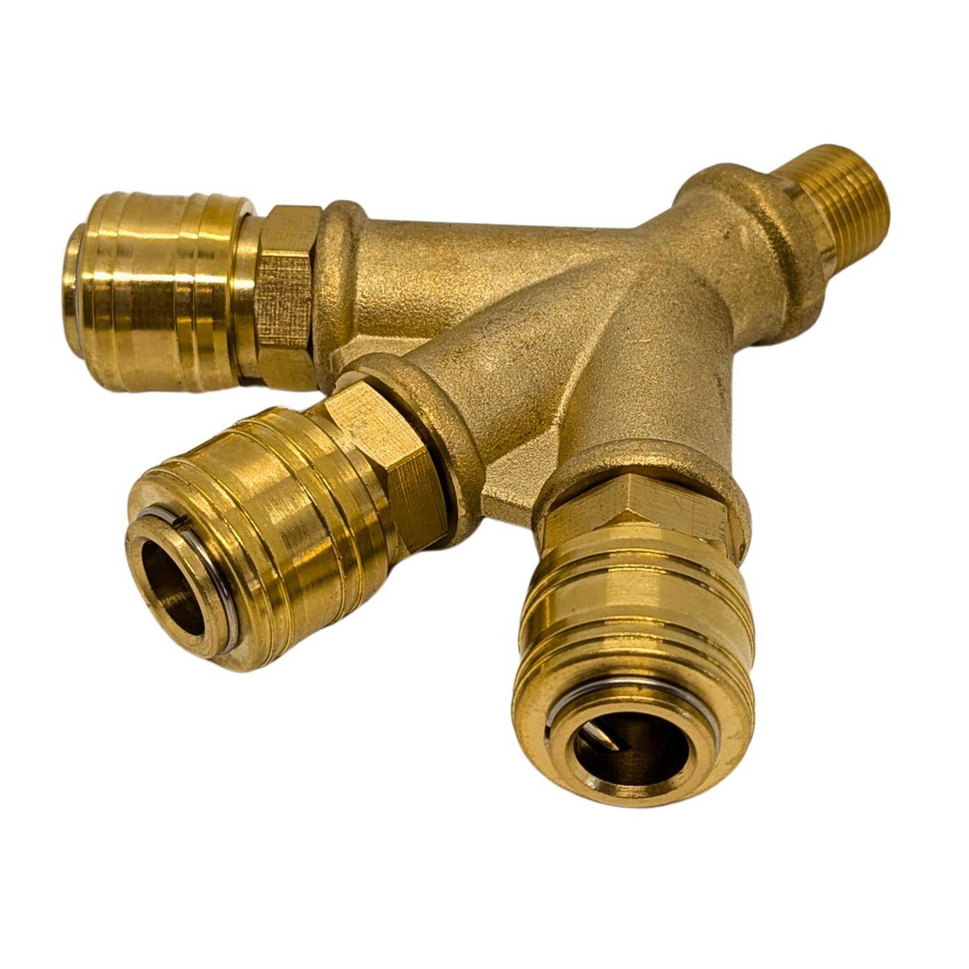 Druckluftverteiler 3-fach mit Außengewinde 3/8" aus Messing Druckluft-Verteiler Druckluftweiche Schnellkupplung Mehrfachverteiler für Werkstätten, Betriebe und Heimwerker