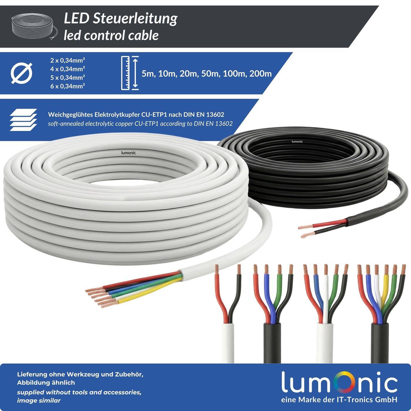 Lumonic 5x0,34mm² RGB LED Control line black 1m | sheathed 4-core flexible cable | LiYY Extension, Power cable, LED supply line, Control cable