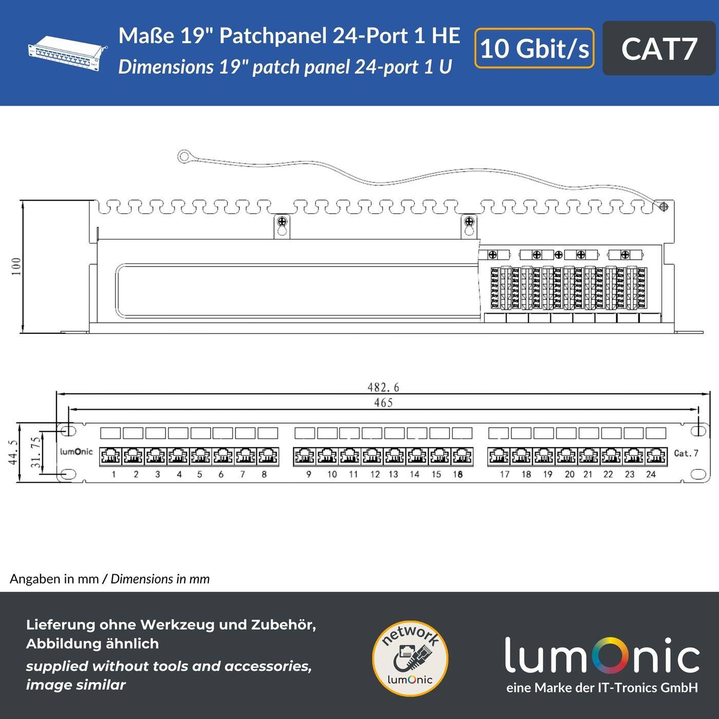 19" Patch panel CAT7, 24 Port, 1U with labeling field, LSA mounting, T568A/B color-coded, Rack mounting, Shielded, black patch panel, Cable management, 10 Gbit/s PoE