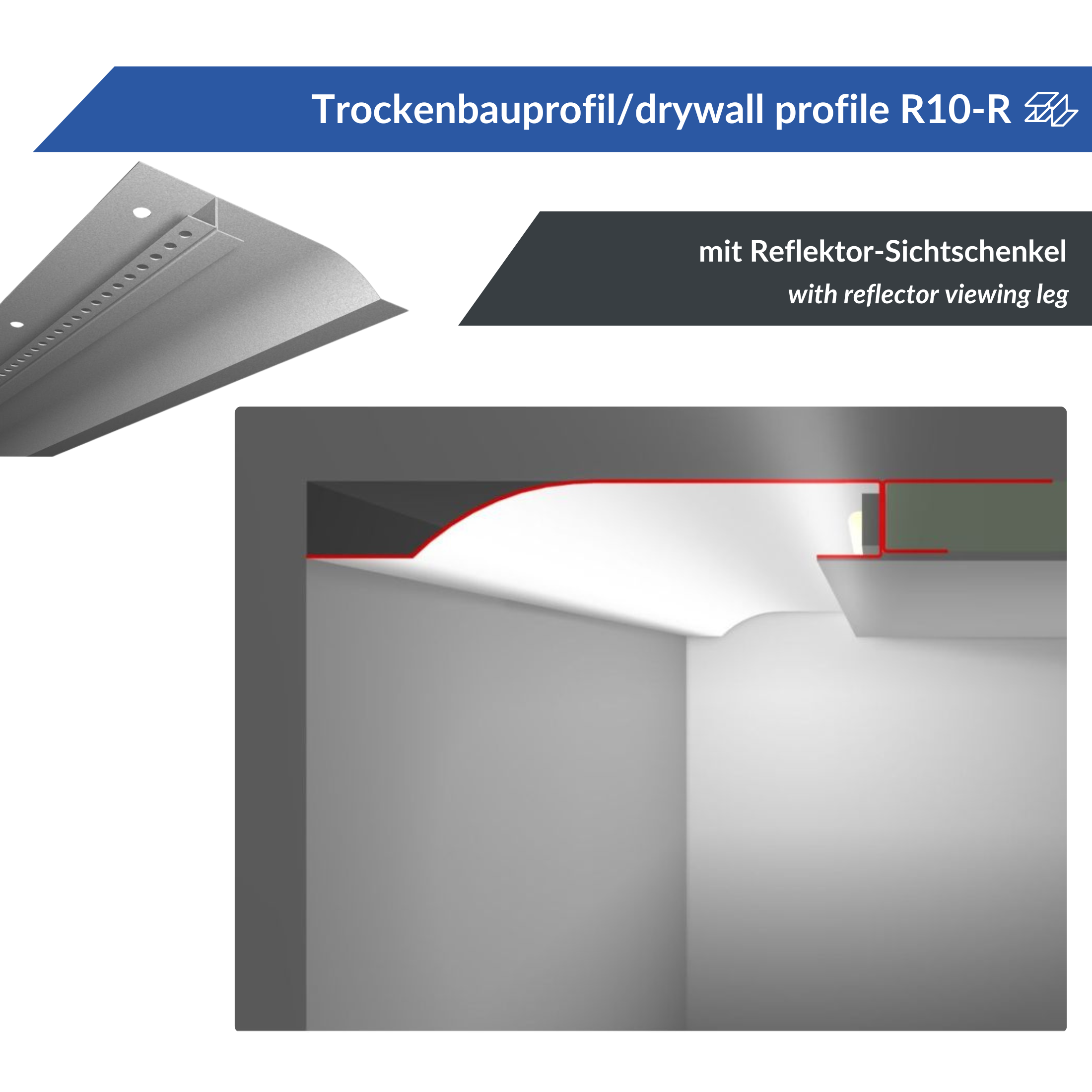 Abbildung eines LED Trockenbauprofils R10-R mit Reflektor-Sichtschenkel. Eine Nahaufnahme hebt das Profil hervor, während das größere Bild seine Wandanwendung und die Lichtweganzeige demonstriert.