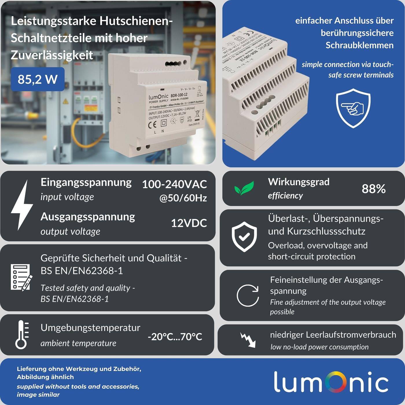 Lumonic I Netzteil Hutschiene BDR-100-12 I 12V / 85,2W I Input 100-240VAC I Überlastschutz & kurzschlussfest I DIN-Rail Schaltnetzteil I Schaltschrank & Verteilerkasten