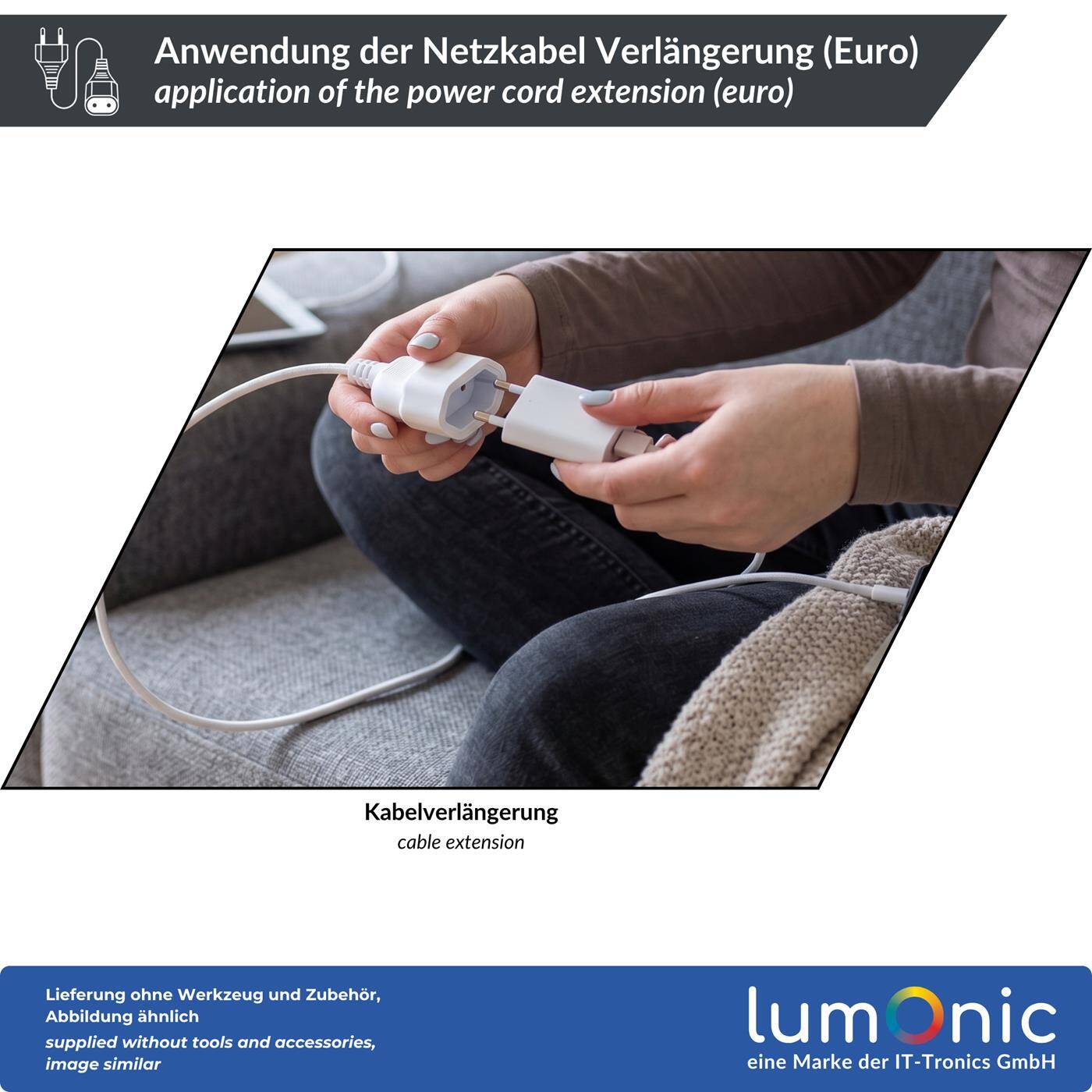 Lumonic Eurostecker Verlängerungskabel 3-fach, Schwarz 1,5 m, 230 V - Drei Geräte an einem Kabel, für Fensterbank, Schreibtisch und TV-Board, kindersichere Buchsen, Eurostecker mit Knickschutz