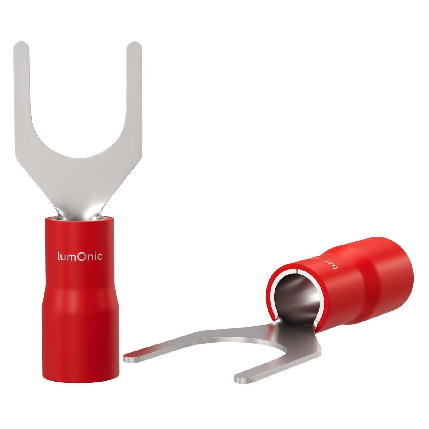 Lumonic 25x Gabelkabelschuh 0,5-1,5mm² teilisoliert | M5 | Kupfer verzinnt | sichere Kabelverbindung ohne Löten | Set mit 25 Stück Crimp-Kabelschuh, Quetschverbinder | KFZ, Maschinenbau, Wohnmobil, Batterie