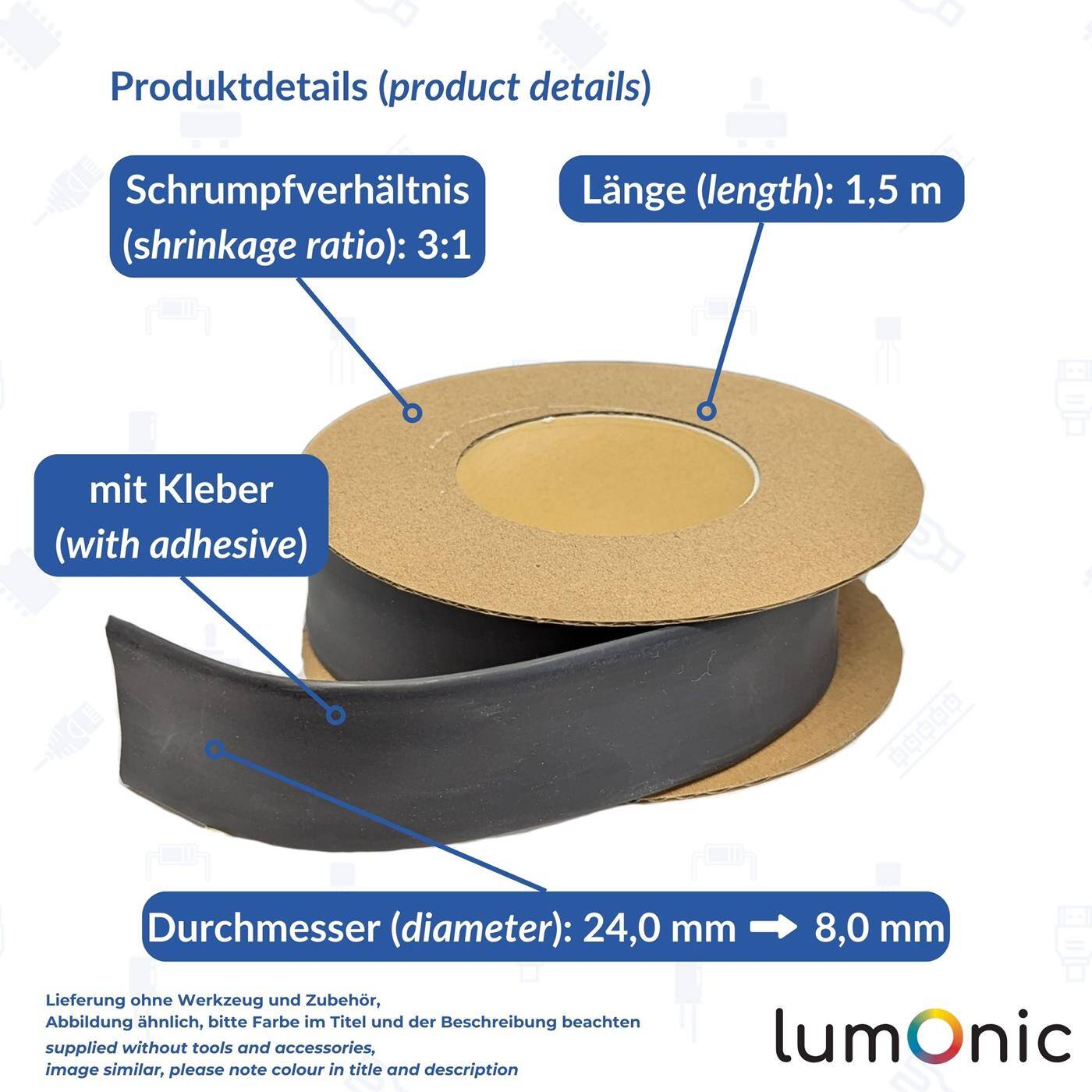 Lumonic 1,5m Schrumpfschlauch Box 3:1 mit Kleber Schwarz - Hier von: 24mm auf 8mm - Dickwandiger Schrumfpschlauch in verschiedenen Größen