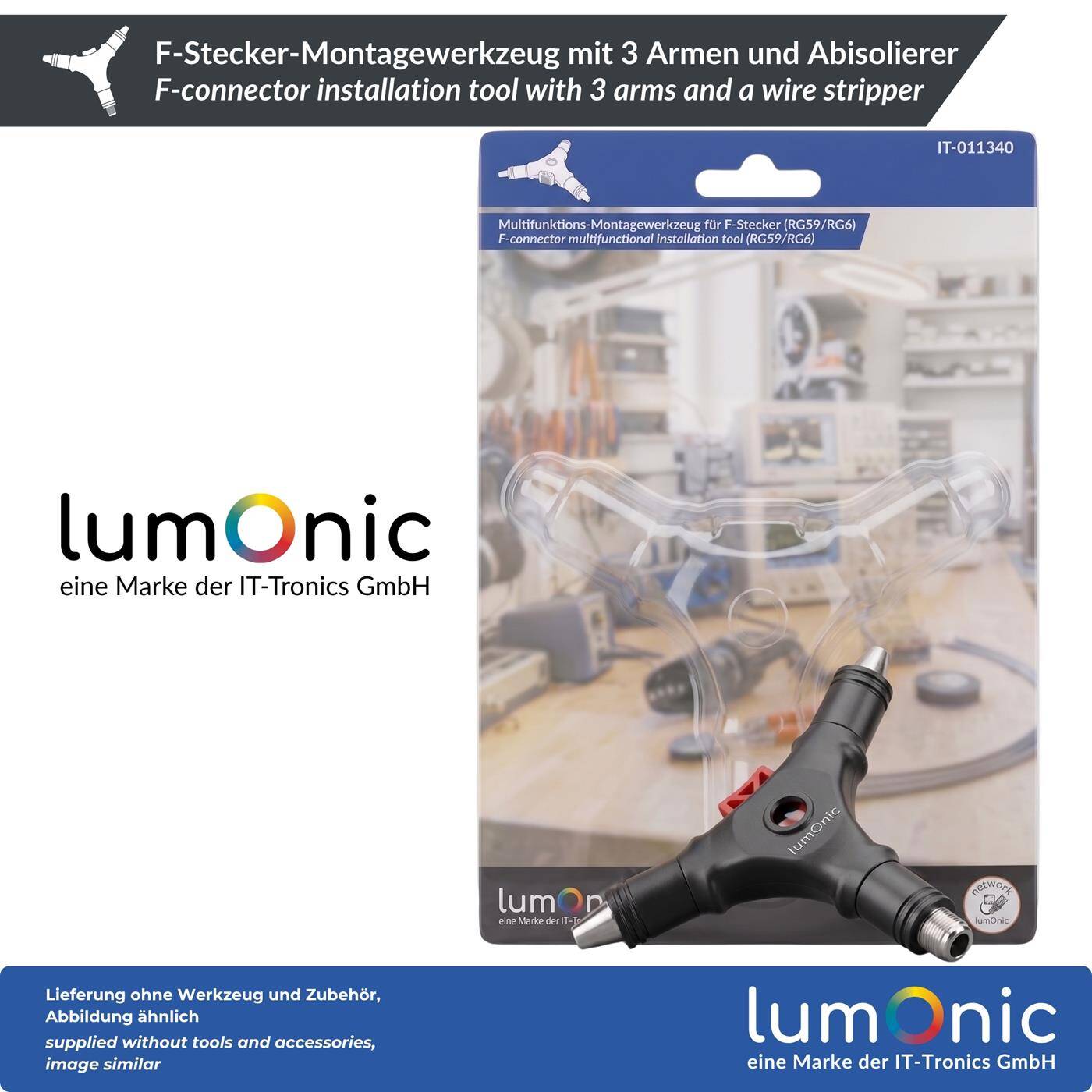 Lumonic F -Stecker-Montagewerkzeug mit 3 Armen und Abisolierer - drei Arme F-Stecker, RG6, RG59, Aufweitkonus, Abisolierwerkzeug, Aufdrehhilfe, für SAT-Technik und Antennenbau