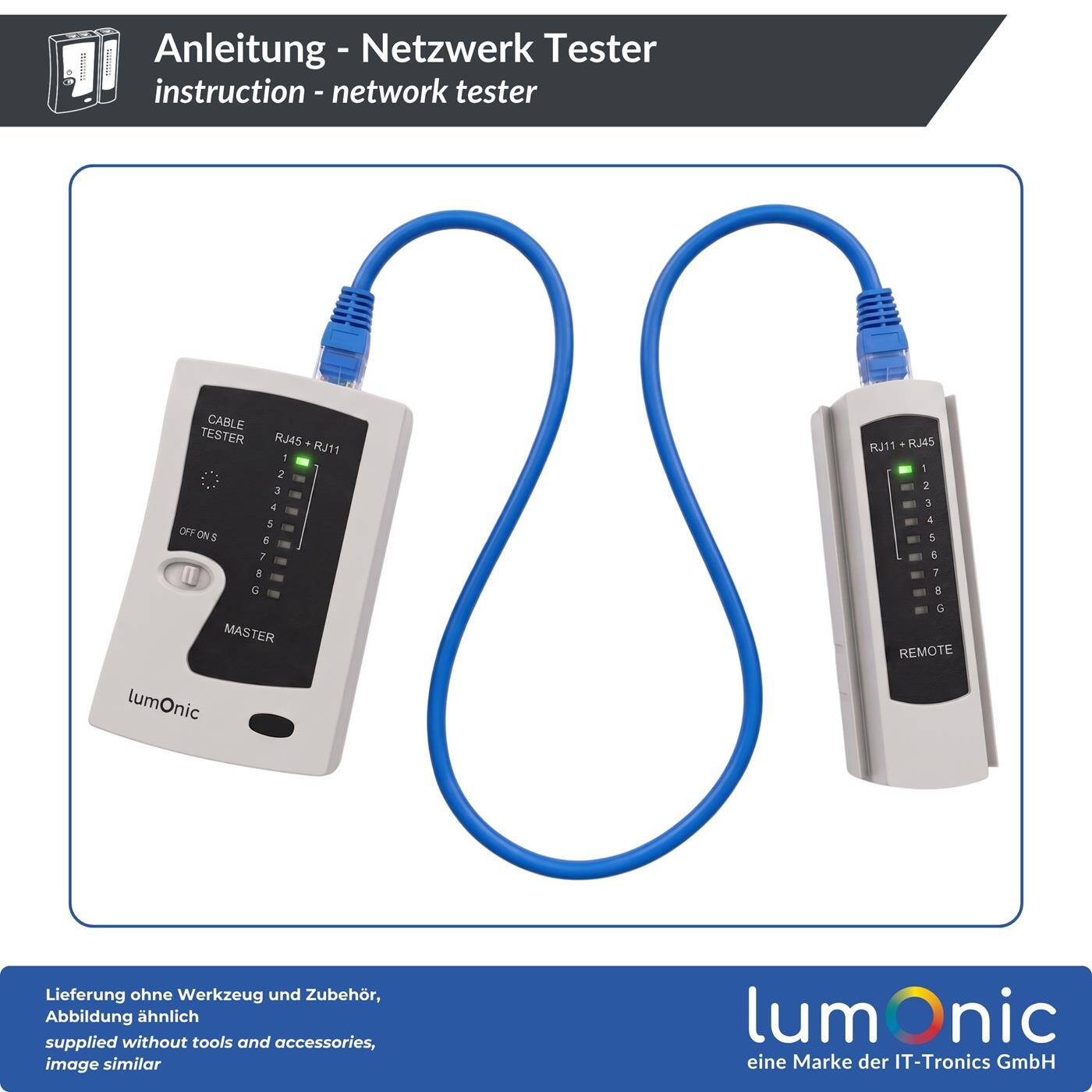 Lumonic Network tester with remote unit for RJ45 and RJ11, white - Master and remote units for Ethernet cables, RJ45 and RJ11, continuity tester, LAN tester, network cable tester
