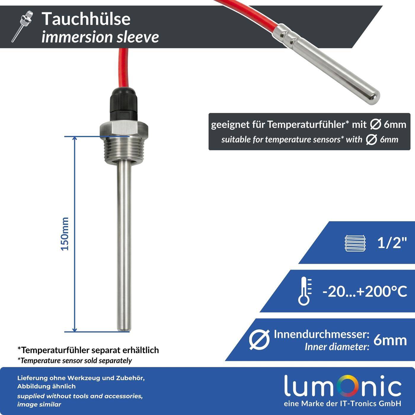 2x immersion sleeve V2A stainless steel 1/2 inch 150mm for 6mm temperature sensor for solar heating buffer tank + Smart Home