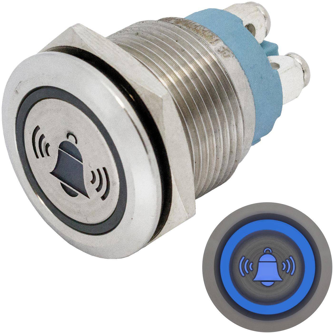 Lumonic Edelstahl Drucktaster flach 19mm Durchmesser I Mit einer Glocke LED in Blau Maße: Schraubanschluss 250V 3A I Vandalismussicher nach dem IP65 Standard