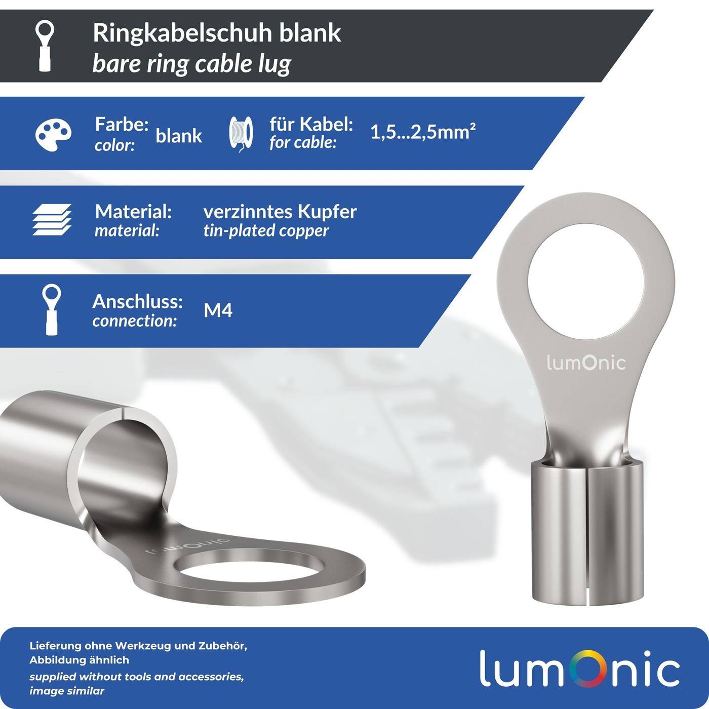 Lumonic 25x Ring cable lug 1,5-2,5mm² blank | M4 | Tinned copper | Secure cable connection without soldering | Crimp cable lug uninsulated | Motor vehicle, mechanical engineering, motorhome, battery