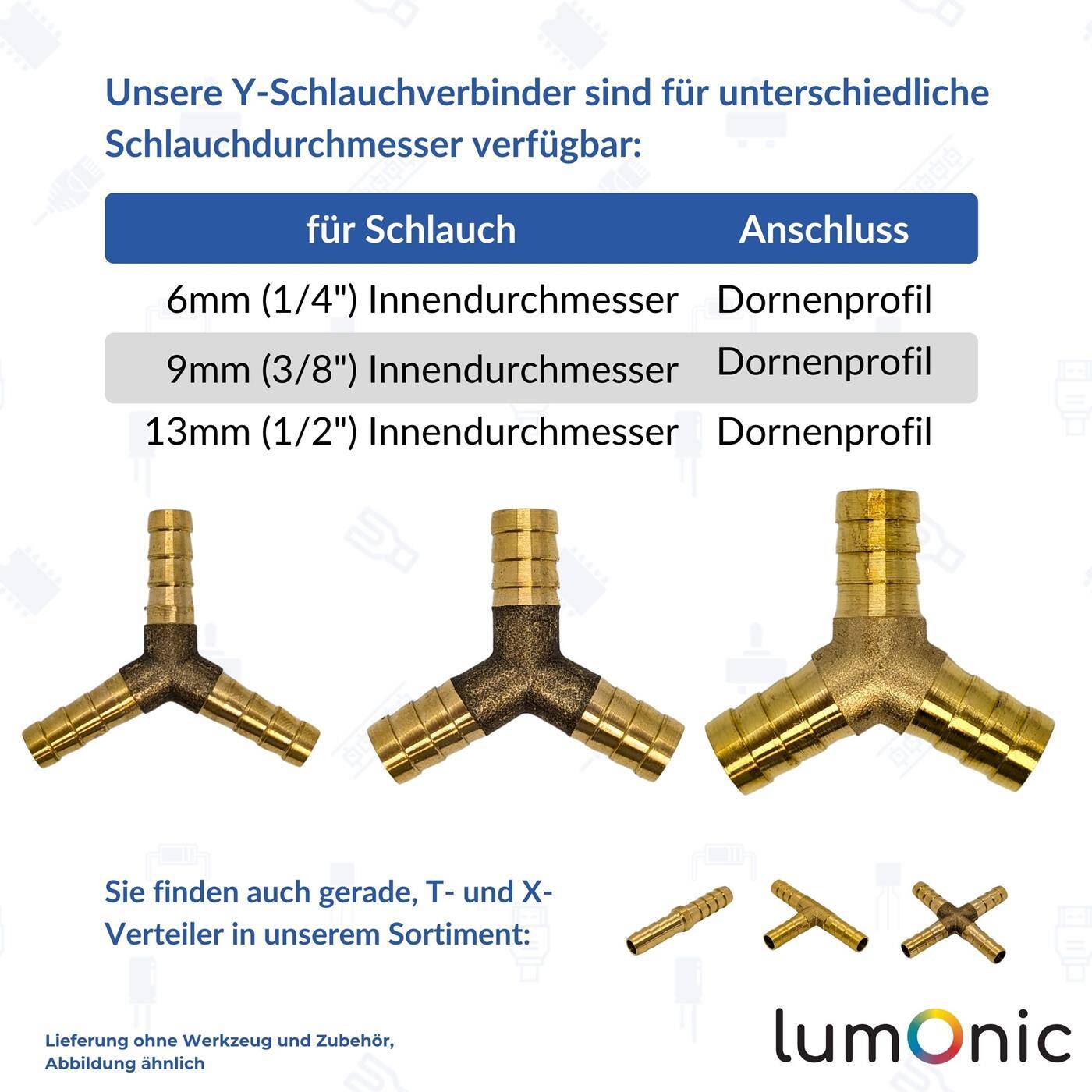 Y-Schlauchverbinder für 9mm (3/8") Schlauch aus Messing Y-Verbinder Y-Stück mit Dornenprofil Druckluft & Wasser für Werkstätten, Betriebe und Heimwerker