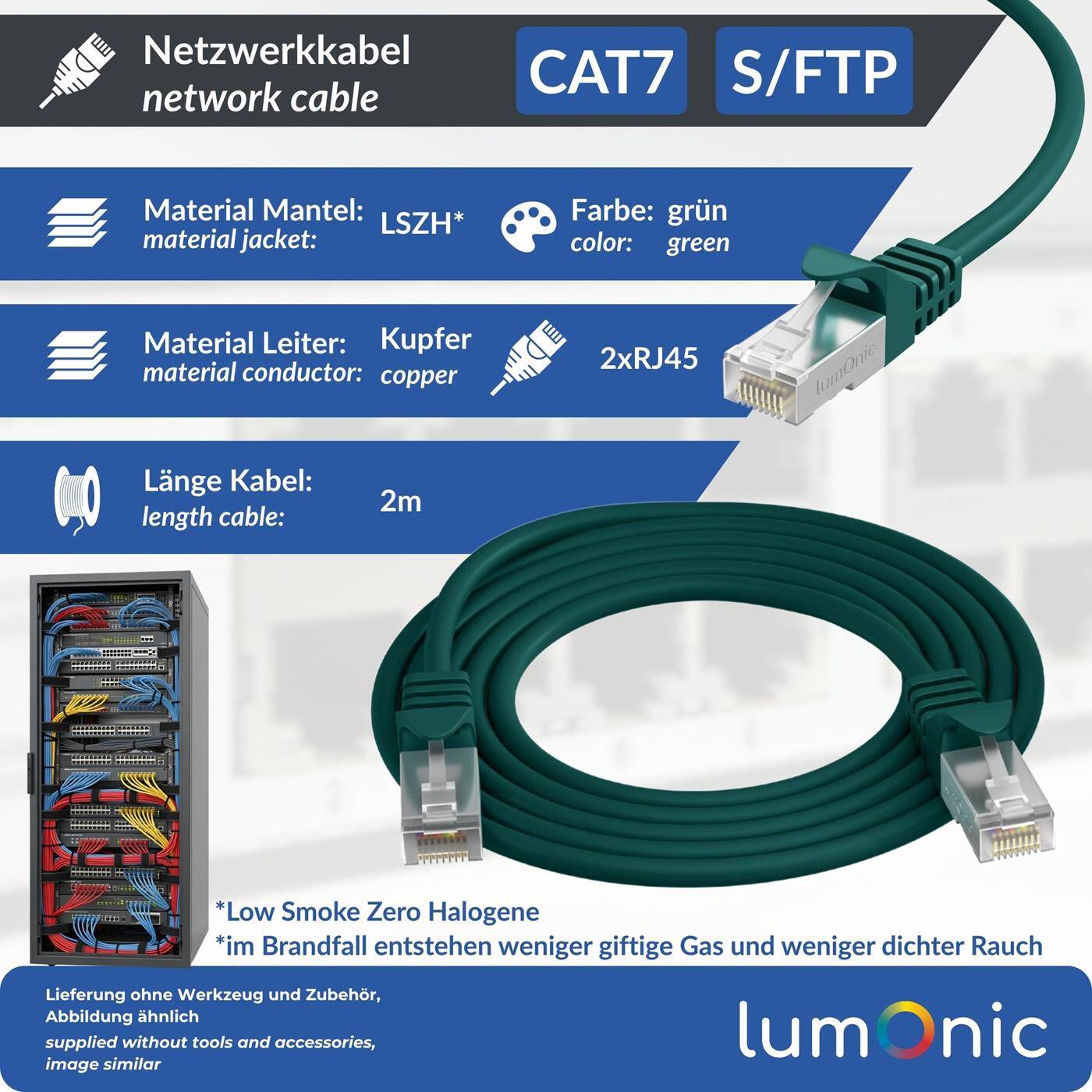 Lumonic CAT7 Patchkabel S/FTP 2m | RJ45 | Grün | Ethernet LAN | Netzwerkkabel