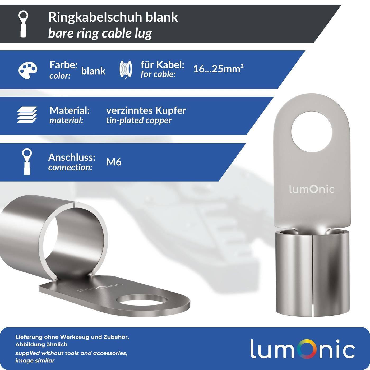 Lumonic 25x Ringkabelschuh 16-25mm² blank | M6 | Kupfer verzinnt | sichere Kabelverbindung ohne Löten | Crimp-Kabelschuh unisoliert | KFZ, Maschinenbau, Wohnmobil, Batterie