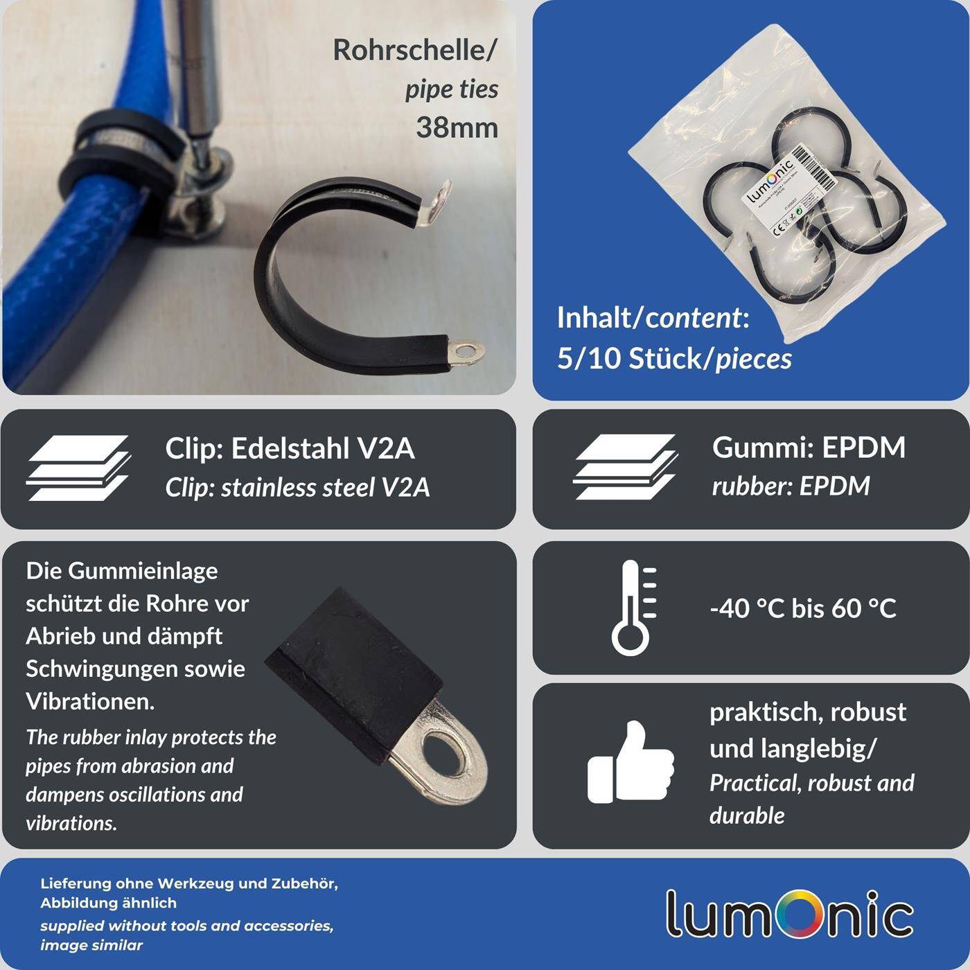 Lumonic 10x 38mm Rohrschellen mit Gummieinlage Edelstahl V2A I Kabelschellen zum Schrauben I Schlauchschelle 38mm, Rohrschellen, Befestigungsschelle 38mm, Rohrhalterung