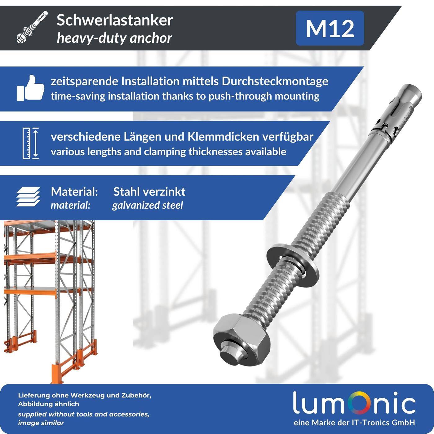 Lumonic Heavy Duty Anchor M12 x 220mm | High-quality galvanized wedge anchors | Push-through mounting, IMMEDIATELY LOADABLE | Concrete anchor, Heavy duty anchor | for canopies, Railing, Shelves, Partition walls