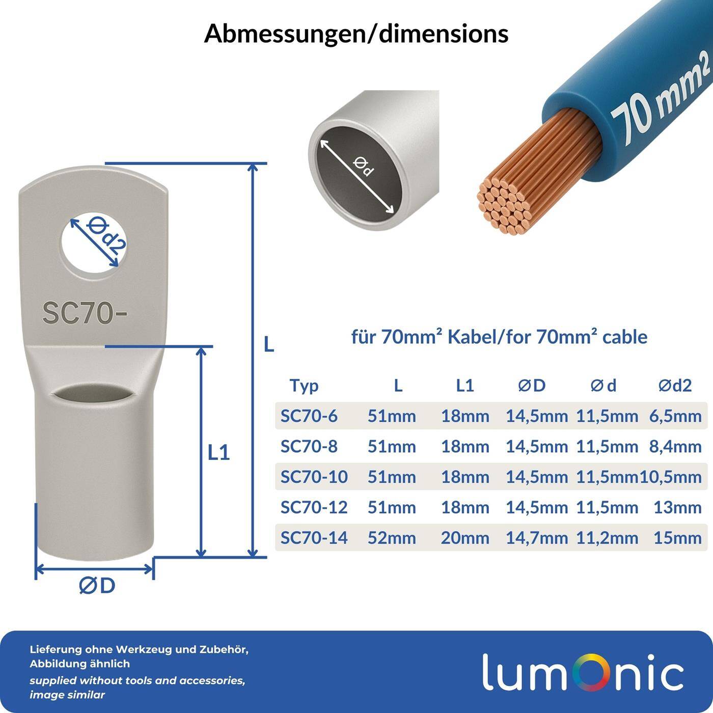 Tubular cable lug blank 70mm² Hole diameter M12 SC70-12 Ring lug Copper tinned