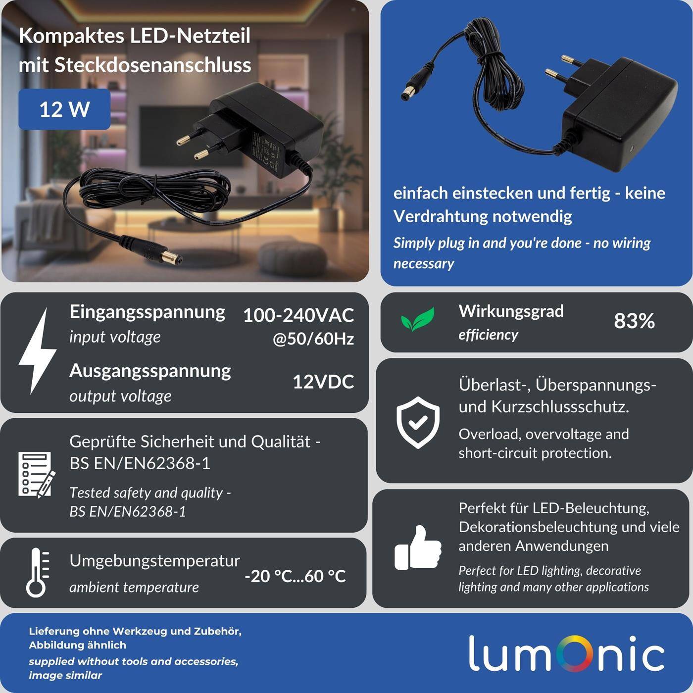 Lumonic I LED plug-in power supply PIP-12-12 I 12V 12W I Input 100-240VAC I Extra long cable with hollow plug 5,5/2,1 I Overload protection I universeller EU-Netzadapter I for LED strips