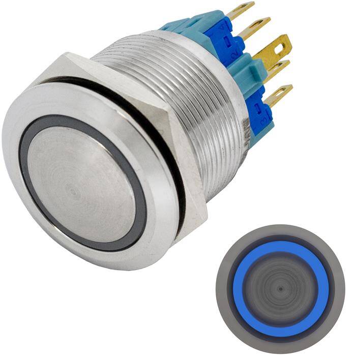 Edelstahl Druckschalter gewölbt Ø22mm Ring LED Blau IP65 2,8x0,5mm Pins 250V 3A Vandalismussicher
