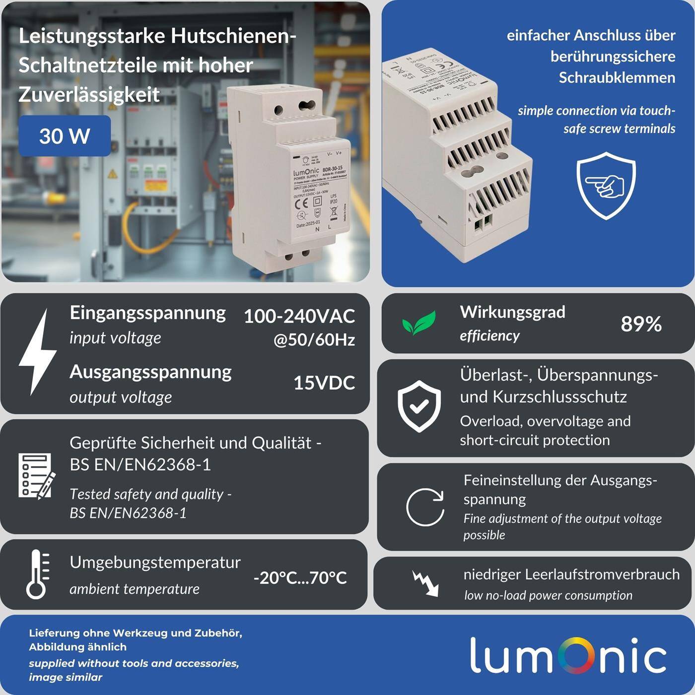 Lumonic I Netzteil Hutschiene BDR-30-15 I 15V / 30W I Input 100-240VAC I Überlastschutz & kurzschlussfest I DIN-Rail Schaltnetzteil I Schaltschrank & Verteilerkasten