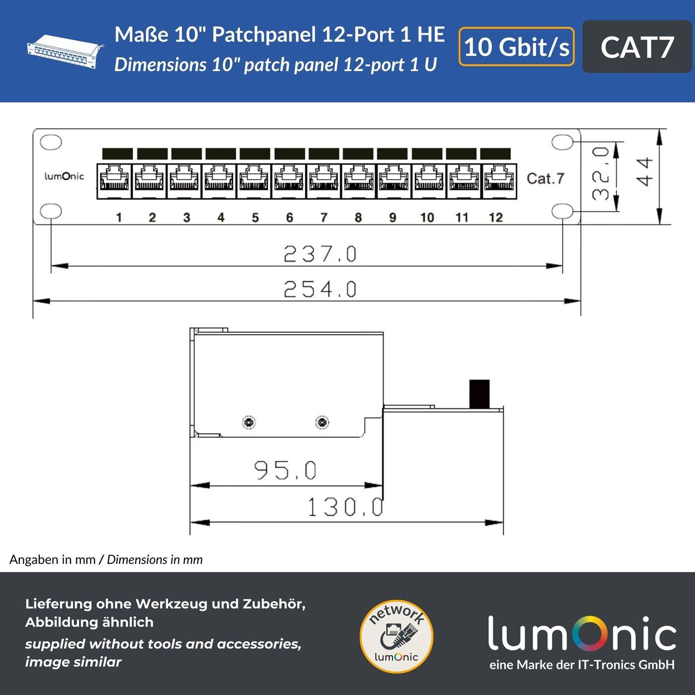 10" Patch panel CAT7, 12 Port, 1U with labeling field, LSA mounting, T568A/B color-coded, Rack mounting, Shielded, black patch panel, Cable management, 10 Gbit/s PoE