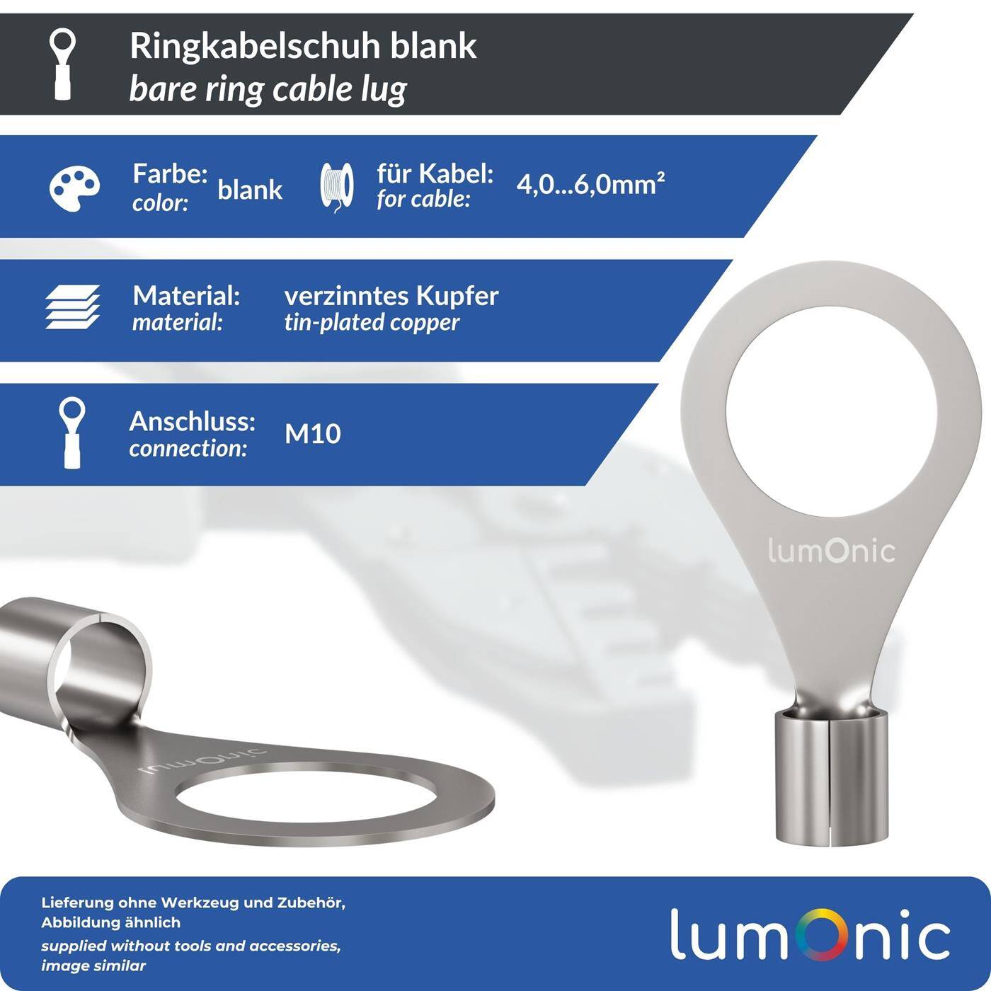 Lumonic 25x Ring cable lug 4,0-6,0mm² blank | M10 | Tinned copper | Secure cable connection without soldering | Crimp cable lug uninsulated | Motor vehicle, mechanical engineering, motorhome, battery
