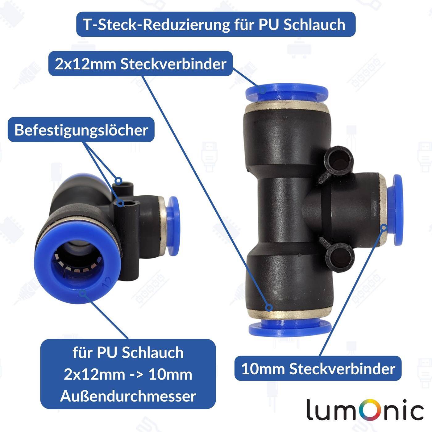 PU hose T-connector reduction 12/10/12mm T-piece Push-in Pneumatic plug connector T-distributor reducing Compressed air