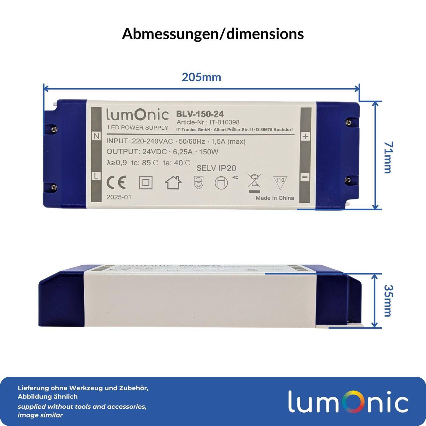 Lumonic I LED transformer BLV-150-24 I 24V 150W I Input 220-230VAC I flicker-free I Overload protection I LED power supply unit I for LED lighting