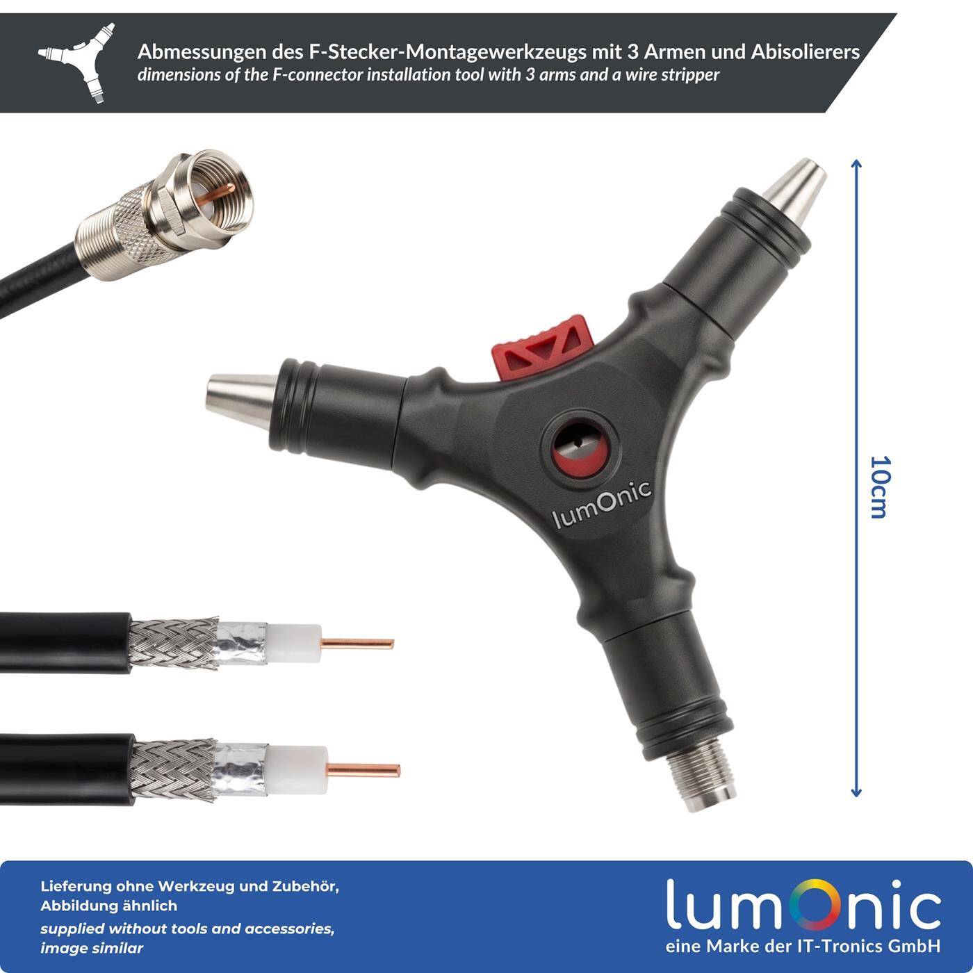 Lumonic F -Stecker-Montagewerkzeug mit 3 Armen und Abisolierer - drei Arme F-Stecker, RG6, RG59, Aufweitkonus, Abisolierwerkzeug, Aufdrehhilfe, für SAT-Technik und Antennenbau