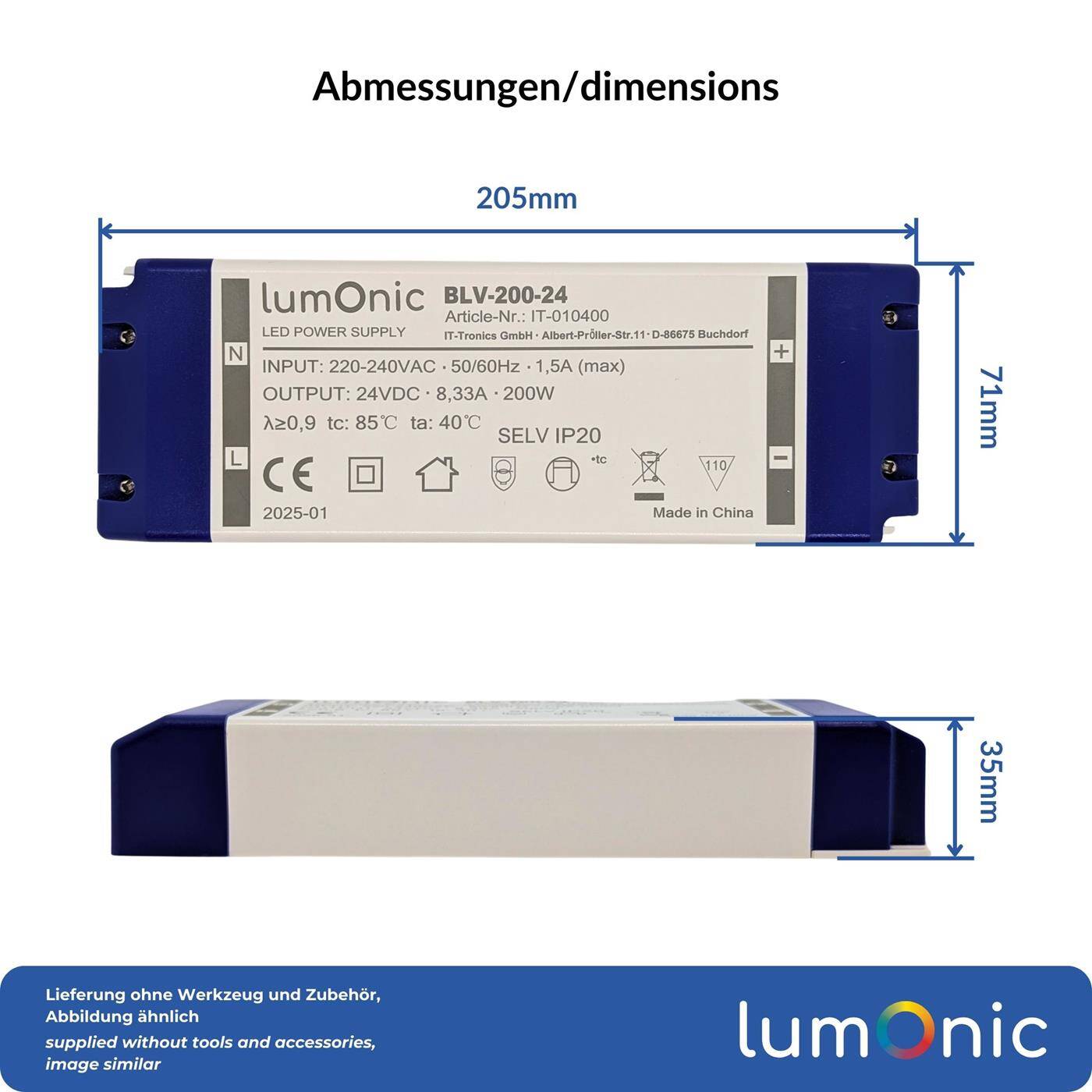 Lumonic I LED transformer BLV-200-24 I 24V 200W I Input 220-230VAC I flicker-free I Overload protection I LED power supply unit I for LED lighting