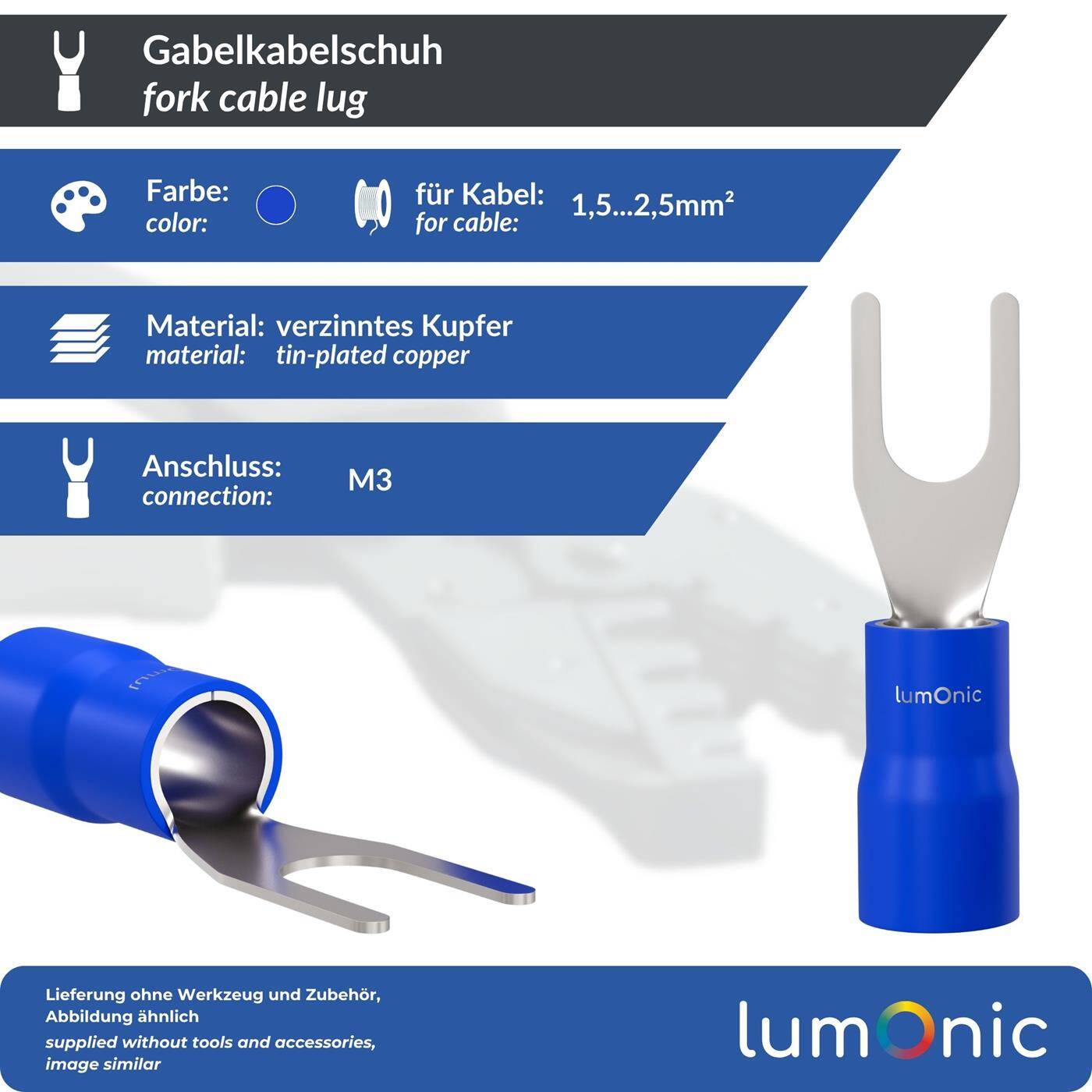 25x Forked cable lug partially insulated 1,5-2,5mm² Hole diameter M3 Blue Ring lug Copper tinned 25x Forked cable lug partially insulated 1,5-2,5mm² Hole diameter M3 Blue Ring lug Copper tinned
