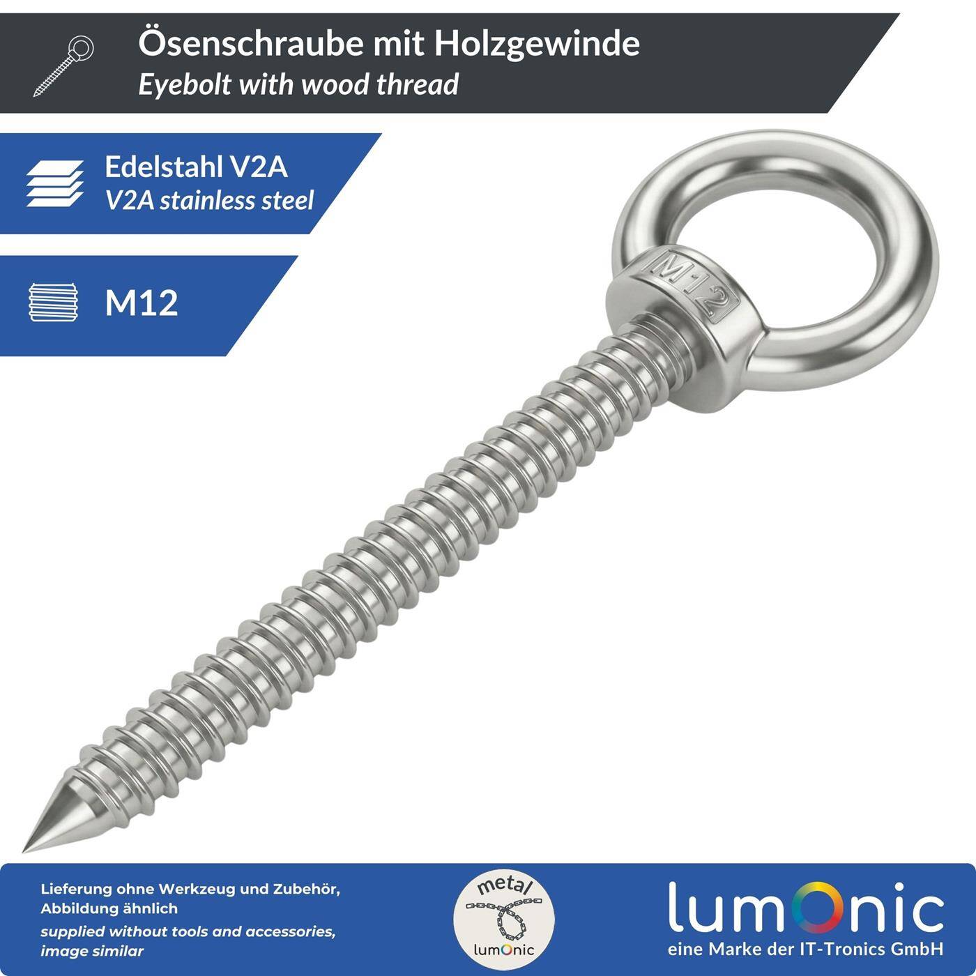 Lumonic Ösenschraube V2A Edelstahl mit Holzgewinde | M12x120mm |  | Befestigung an Balken/Holzpfosten | Ringschraube für Sonnensegel, Hängematte, Schaukel + Ketten