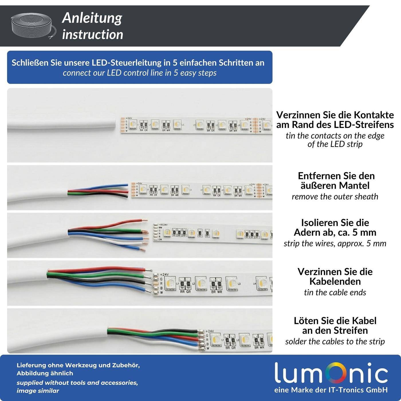Lumonic 5x0,34mm² LED Control line black 1m | sheathed 2-core flexible cable | LiYY Extension, Power cable, LED supply line, Control cable
