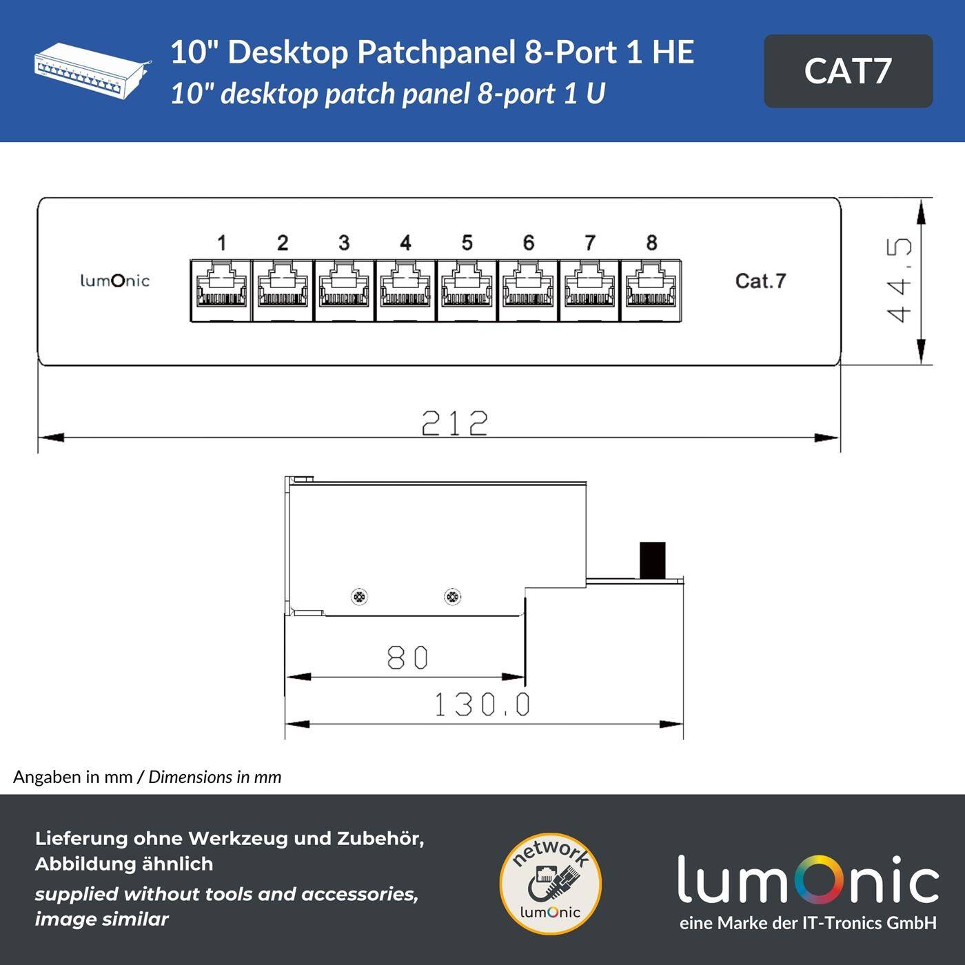 10" Patch panel desktop CAT7, 8 Port, 1U with labeling field, LSA mounting, T568A/B color-coded, free-standing, wall-mounted, Shielded black patch panel, Cable management, 10 Gbit/s &amp; PoE