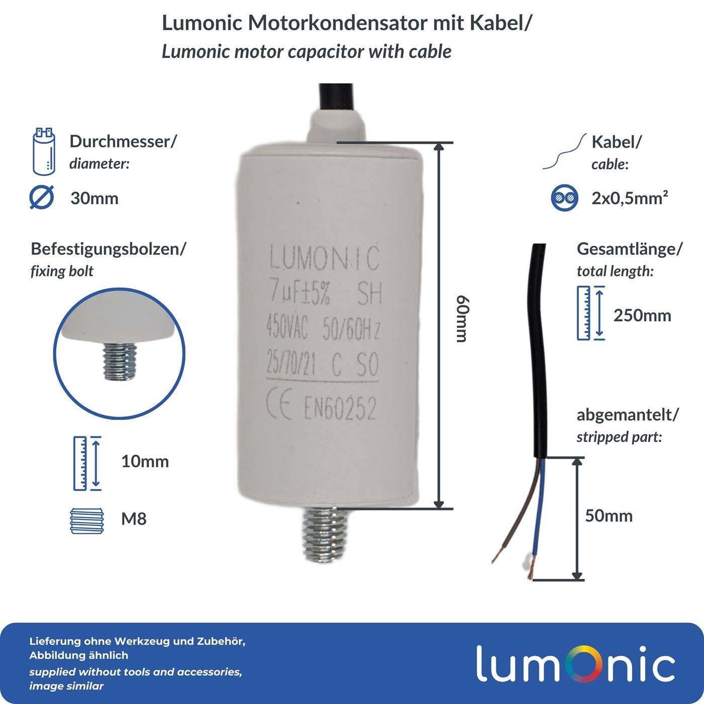 Lumonic Anlaufkondensator 7µF 450V | mit Kabel I 30x60mm I 7uF I Motorkondensator mit Kunststoffgehäuse I Betriebskondensator I für Pumpen, Rasenmäher, Werkzeuge