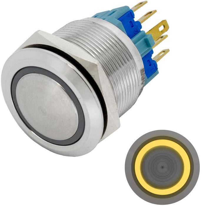 Edelstahl Druckschalter gewölbt Ø22mm Ring LED Gelb IP65 2,8x0,5mm Pins 250V 3A Vandalismussicher