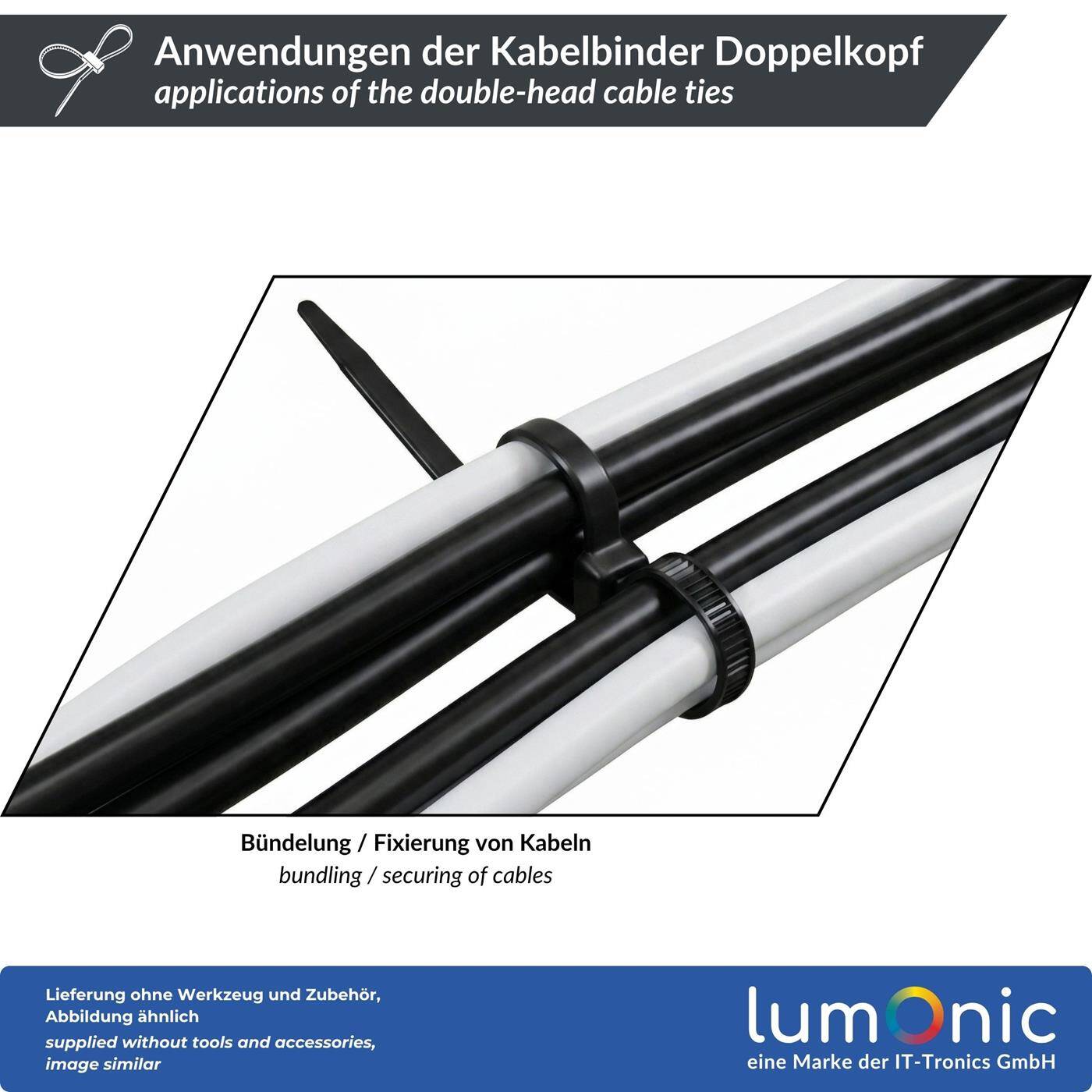 Lumonic 100 Stück Kabelbinder Doppelschlaufe  | 200 × 4,8mm | bis 22kg Zugfestigkeit | Nylon PA6.6, UV-Beständig | Zwei Bündel an einem Fixpunkt | Kabelmanagement, Industrie, Haushalt