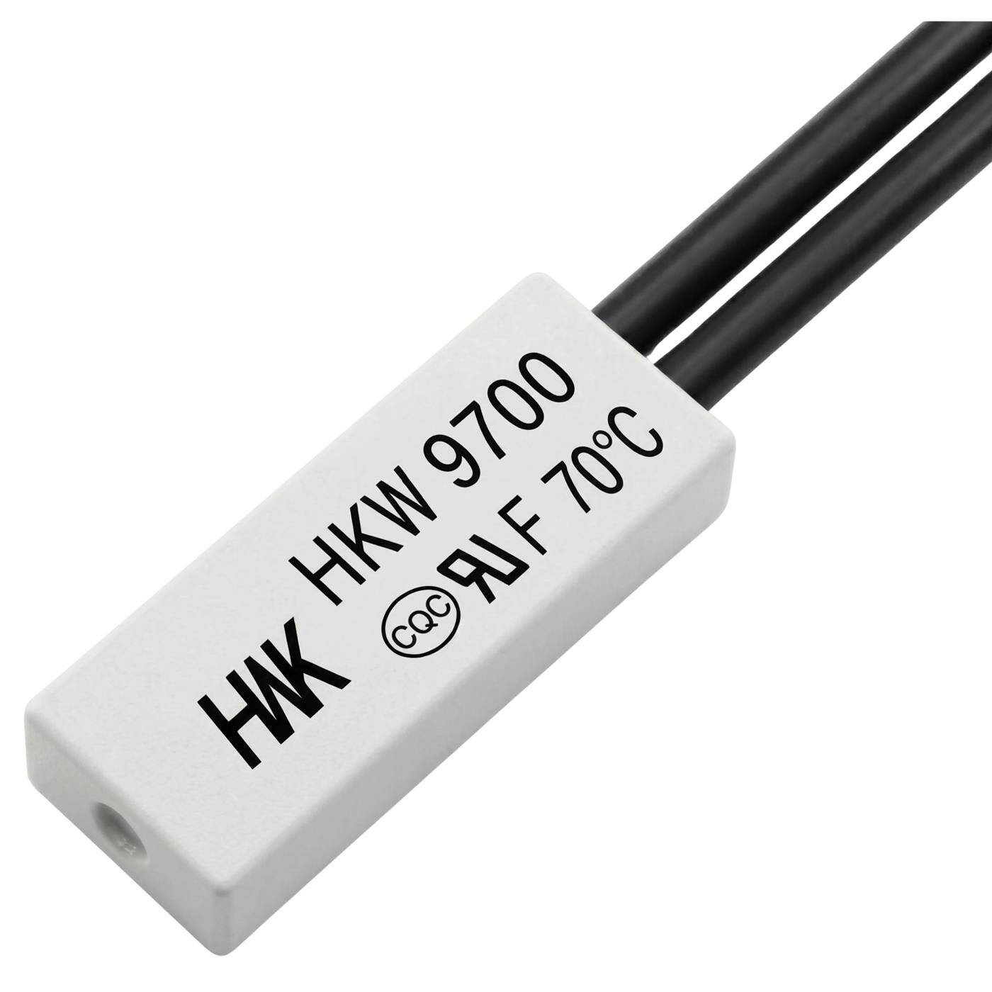 Lumonic HKW9700 Temperaturschalter flach | 70°C ± 5°C | Öffner NC | max. AC 250V/5A | max. DC 24V/8A | Kabel 70mm | 21x8x4mm | Thermoschalter, Bimetall, KSD9700 | Motoren, Netzteile, Heizlüfter