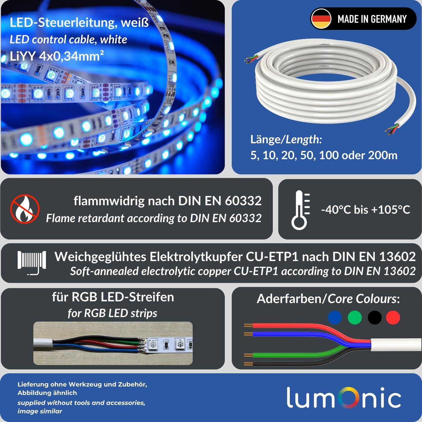 1m RGB LED Steuerleitung 4x 0,34mm² LiYY Verlängerung 4 adrig Stromkabel Weiß