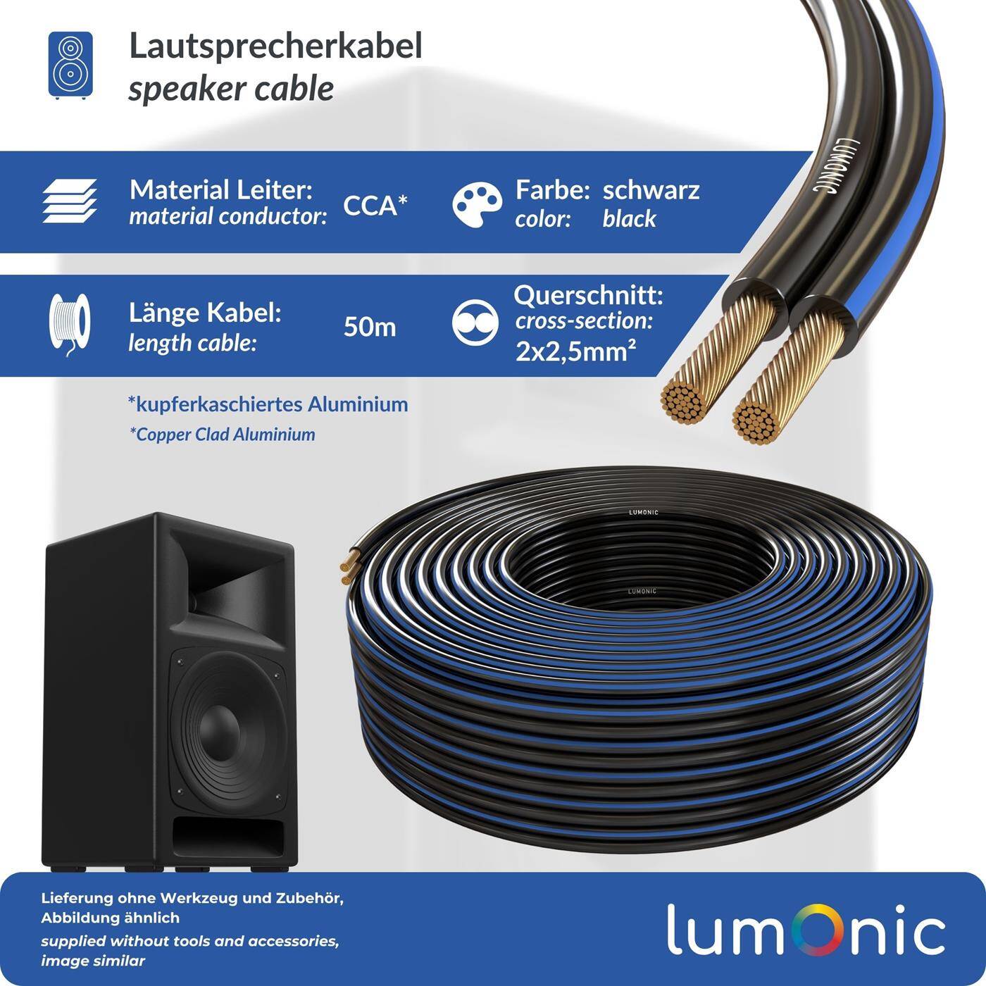 Lumonic Speaker cables | 50m Black | 2x 2,5mm² CCA | Blue marking HiFi speaker cable | Audio twin line