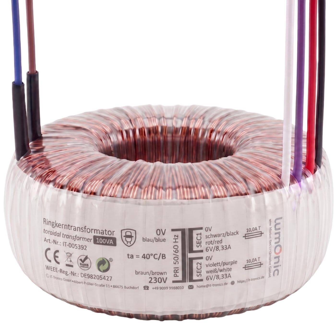 Lumonic Ringkerntrafo Transformator 100VA | Primär 230V AC | Sekundär 2x 6V AC oder 1x 12V AC | Brummarm | Transformator für HiFi Audio Verstärker