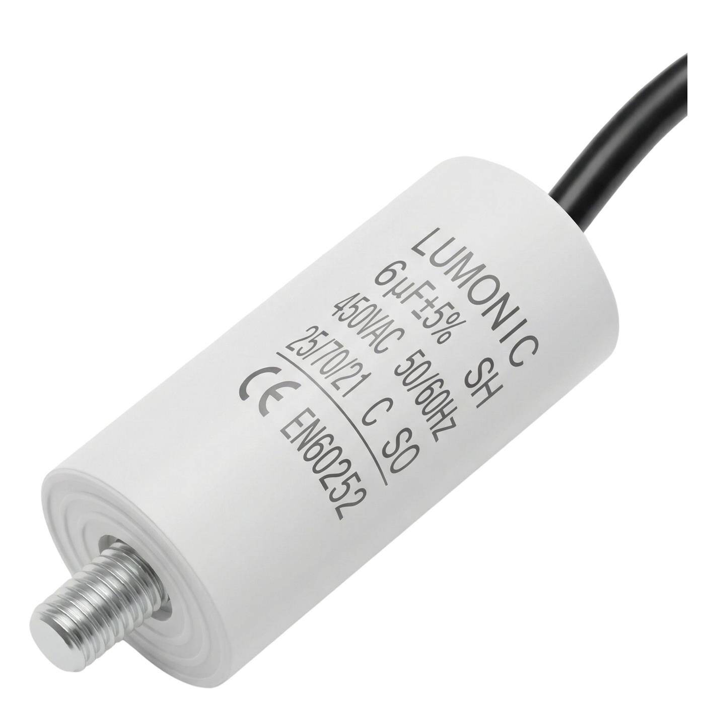 Lumonic Anlaufkondensator 6µF 450V | mit Kabel I 26x55mm I 6uF I Motorkondensator mit Kunststoffgehäuse I Betriebskondensator I für Pumpen, Rasenmäher, Werkzeuge