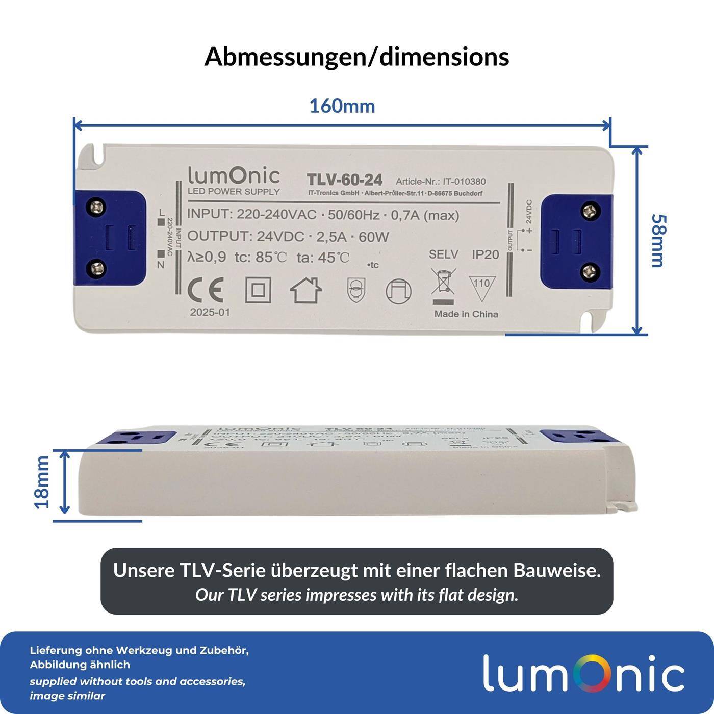 LED Trafo TLV-60-24 24V 60W Input 220-240VAC flimmerfrei & ultradünn Überlastschutz LED-Netzteil für LED-Beleuchtung & LED-Streifen