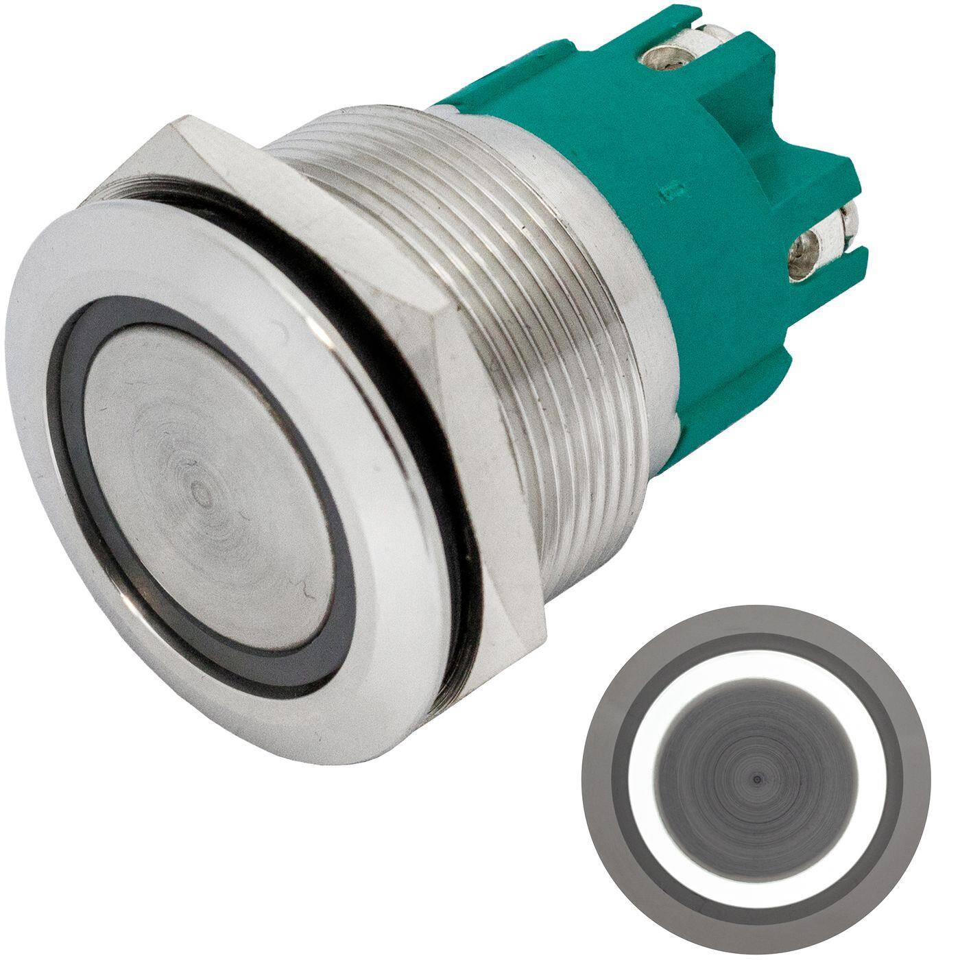 Lumonic Edelstahl Drucktaster flach 25mm Durchmesser I Mit einer Ring LED in Kalt-Weiß Maße: Schraubanschluss 250V 3A I Vandalismussicher nach dem IP65 Standard