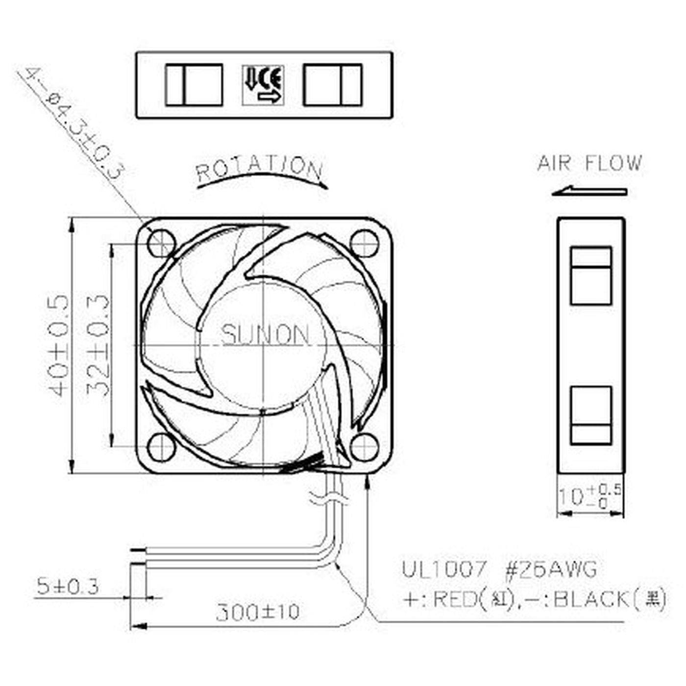 Fan 12V DC 0,62W 40x40x10mm 13,6m³/h 7000U/Min 13,6m³/h Sunon MF40101V11000UA99