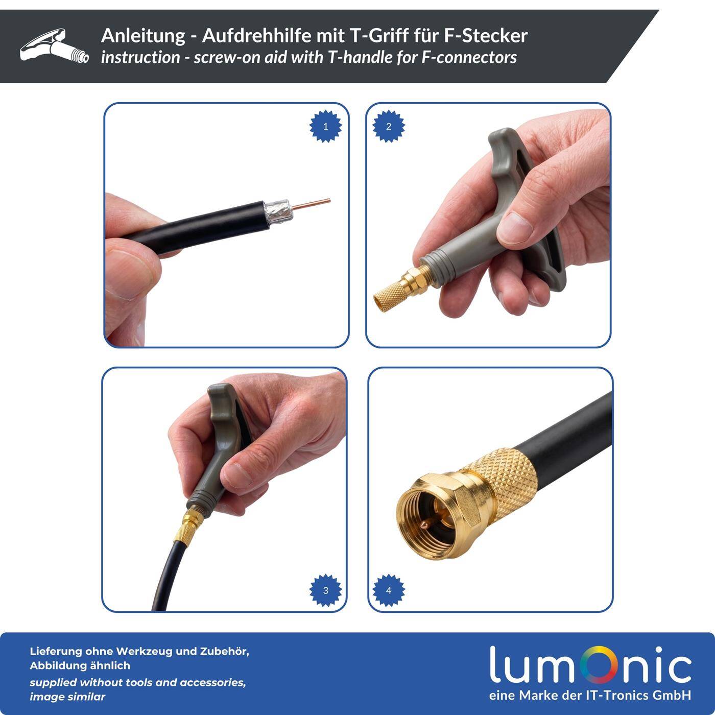 Lumonic Aufdrehhilfe mit T-Griff für F-Stecker - F-Knebel, F-Montageschlüssel, Aufnahme mit Metallgewinde, kraftschonendes Aufdrehen, für Verteilerschrank und SAT