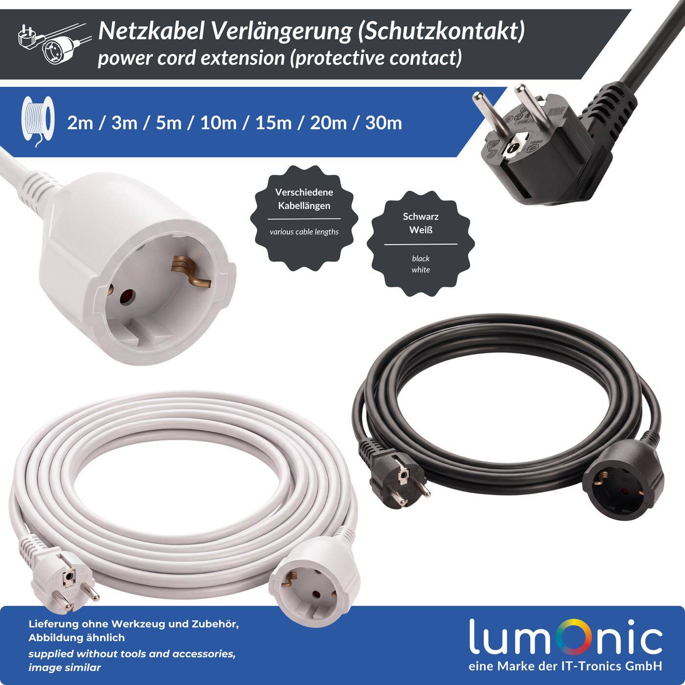 Lumonic Schuko Extension Cord, Black, 10 m, 230 V - Child-safety feature in the outlet, for washing machines and dishwashers, kink protection on the plug