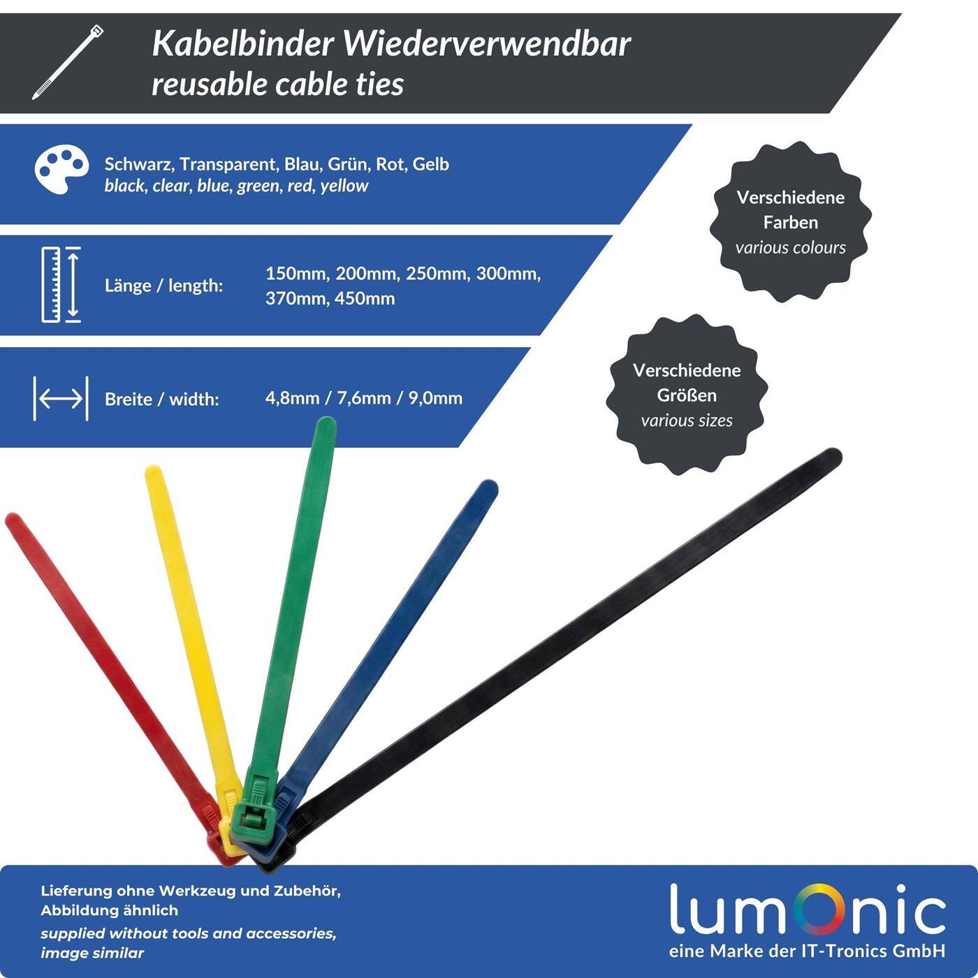 Lumonic 100 Stück Kabelbinder wiederverwendbar | schwarz | 450x9,0mm | bis 79,4kg Zugfestigkeit, extra stark, UV-Beständig | Nylon PA6.6 | ohne Werkzeug wieder lösbar | Kabelmanagement, Haushalt